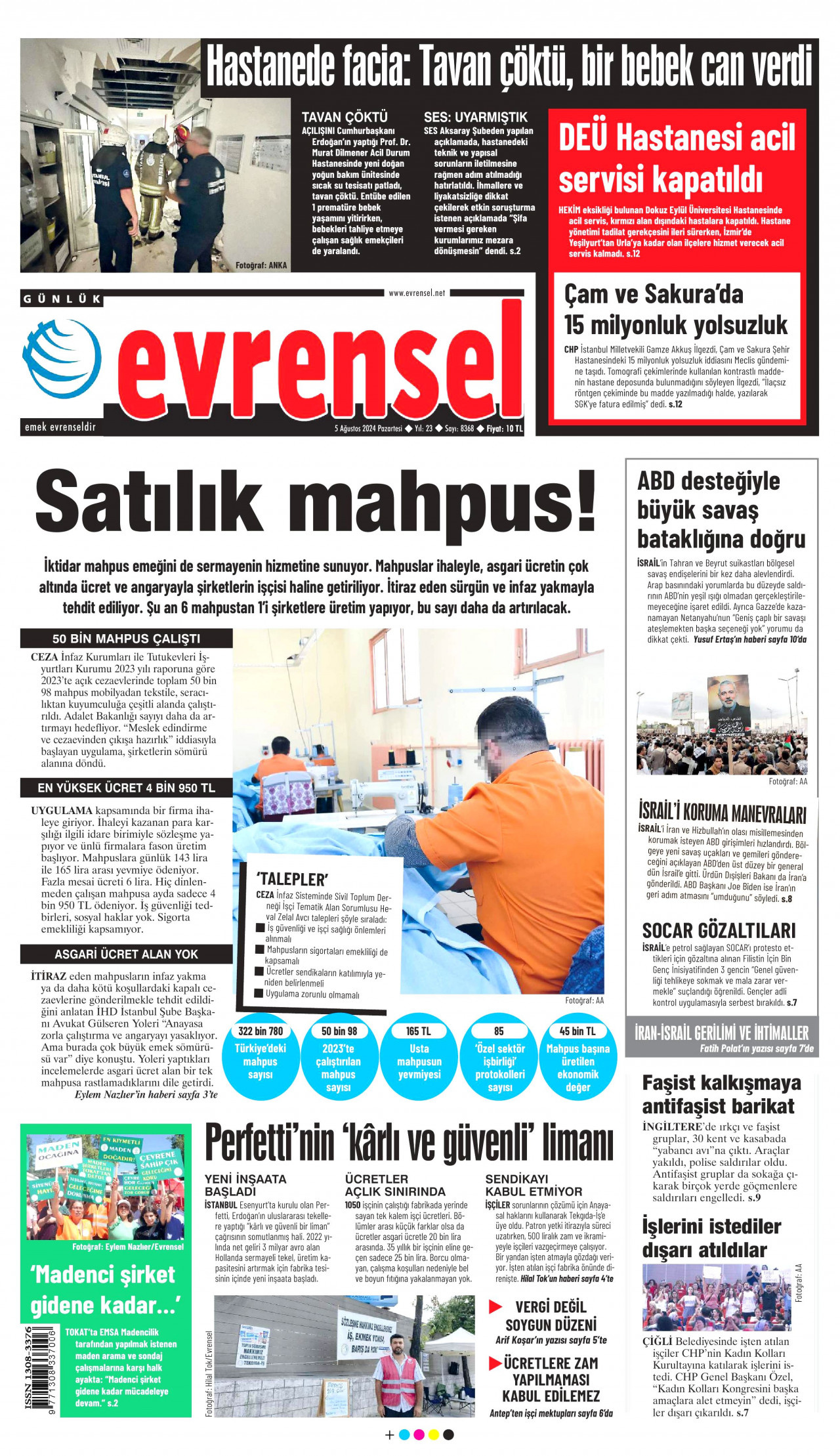 EVRENSEL gazetesinin 5 Ağustos 2024 tarihli birinci sayfası