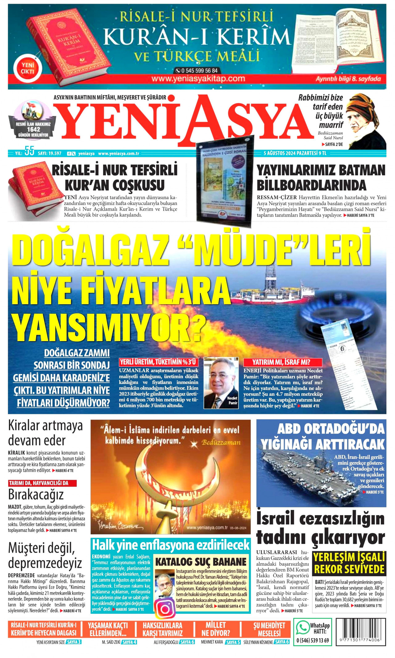 YENİ ASYA gazetesinin 5 Ağustos 2024 tarihli birinci sayfası