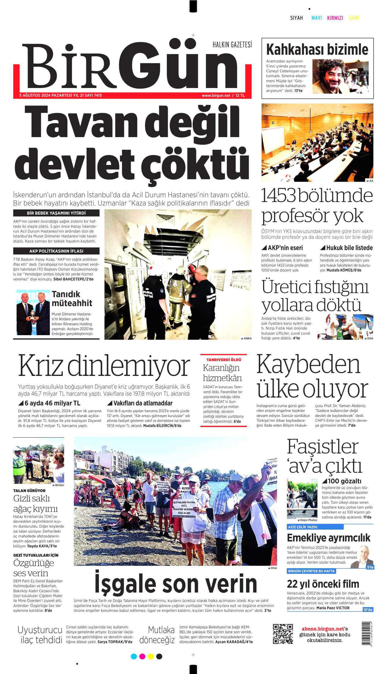 BİRGÜN gazetesinin 5 Ağustos 2024 tarihli birinci sayfası