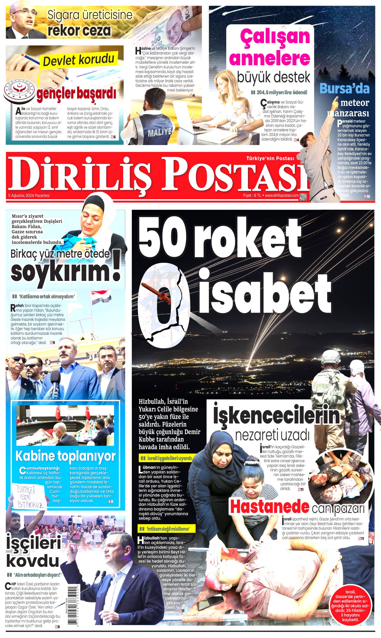DİRİLİŞ POSTASI gazetesinin 5 Ağustos 2024 tarihli birinci sayfası