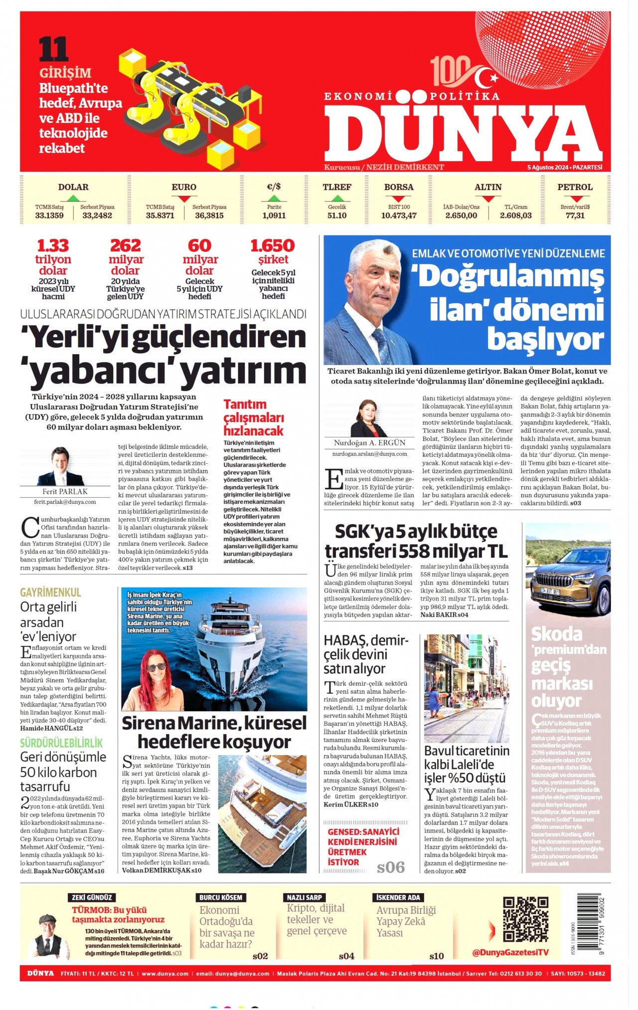 DÜNYA gazetesinin 5 Ağustos 2024 tarihli birinci sayfası