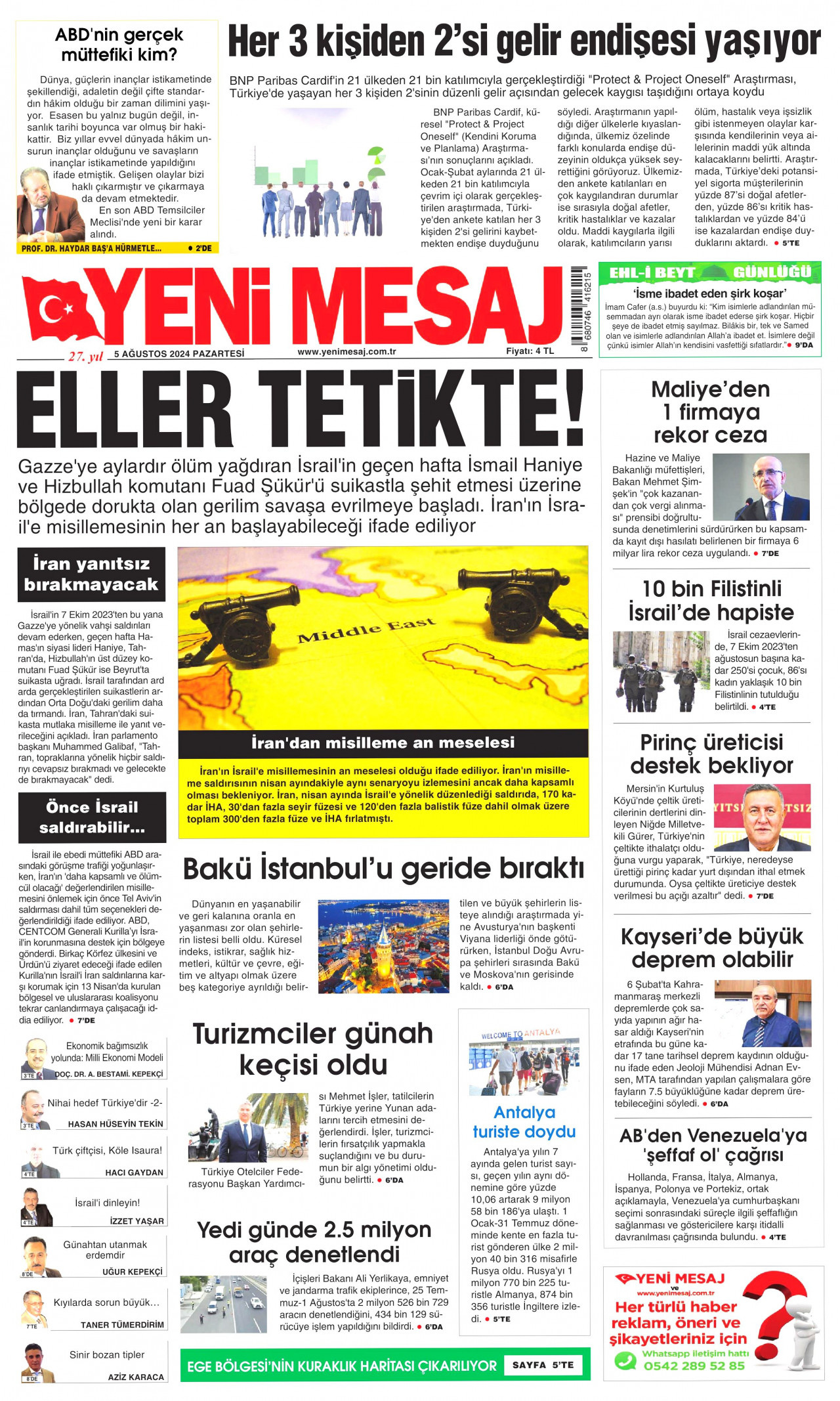 YENİ MESAJ gazetesinin 5 Ağustos 2024 tarihli birinci sayfası