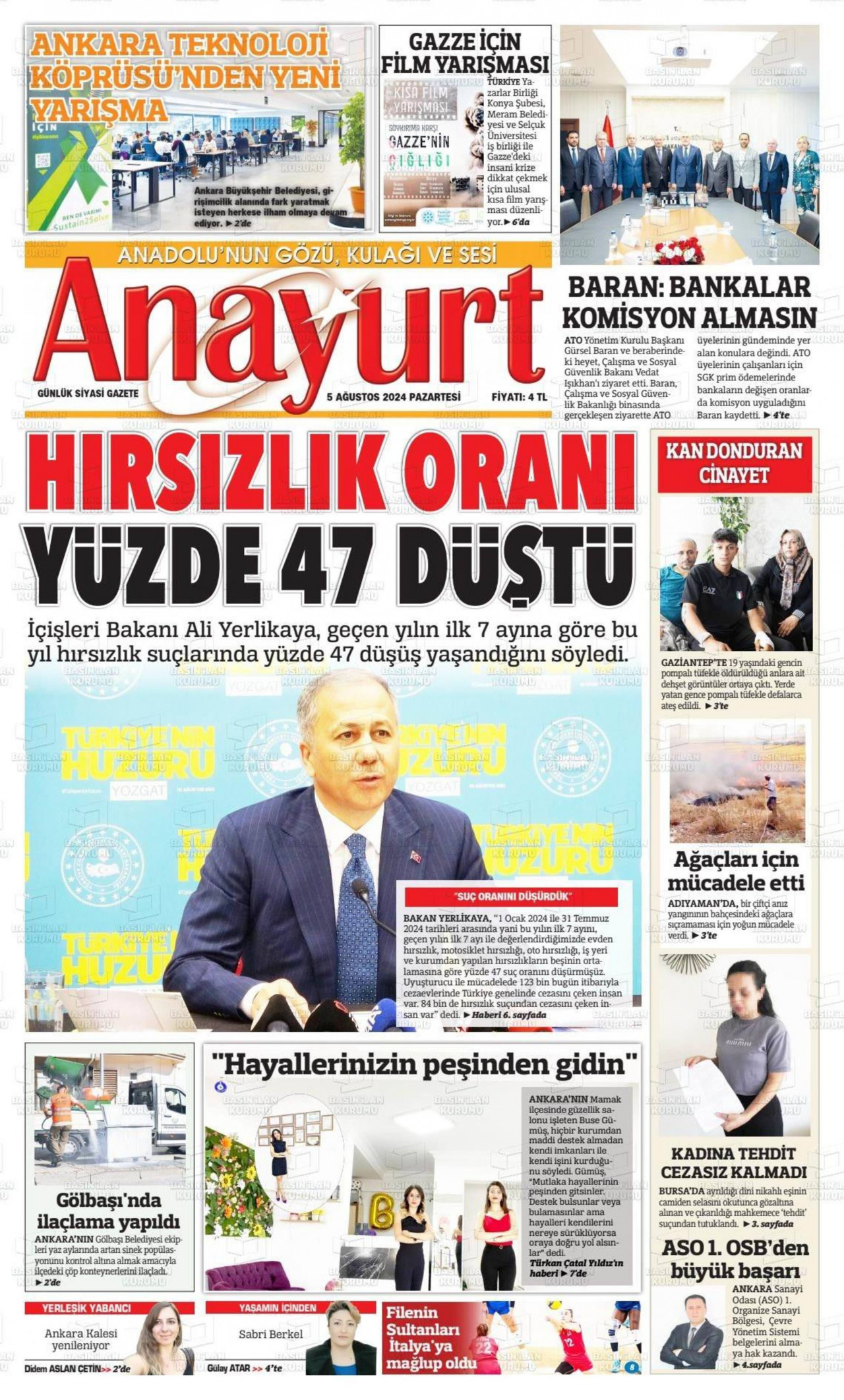 ANAYURT gazetesinin 5 Ağustos 2024 tarihli birinci sayfası