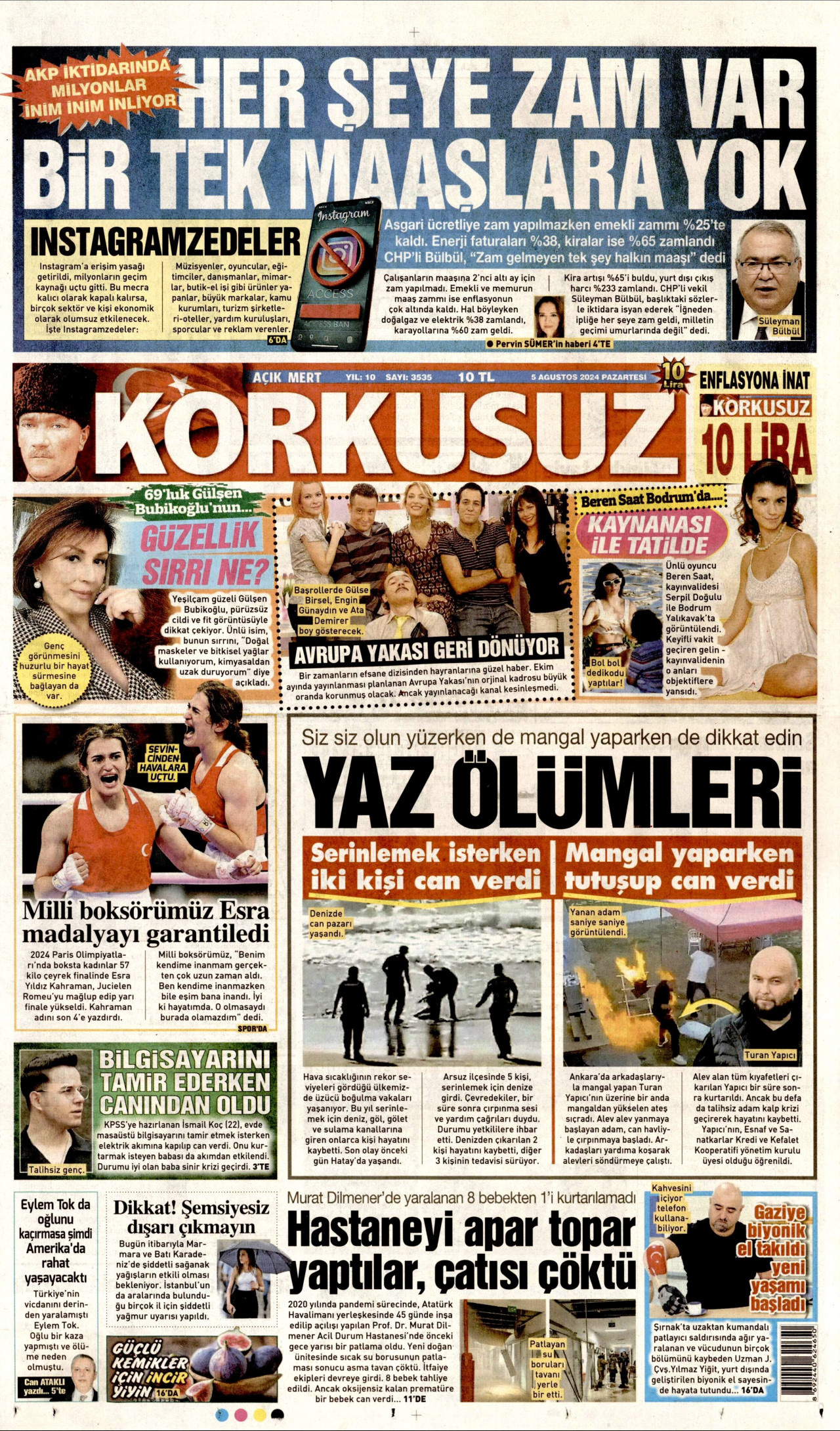 KORKUSUZ gazetesinin 5 Ağustos 2024 tarihli birinci sayfası