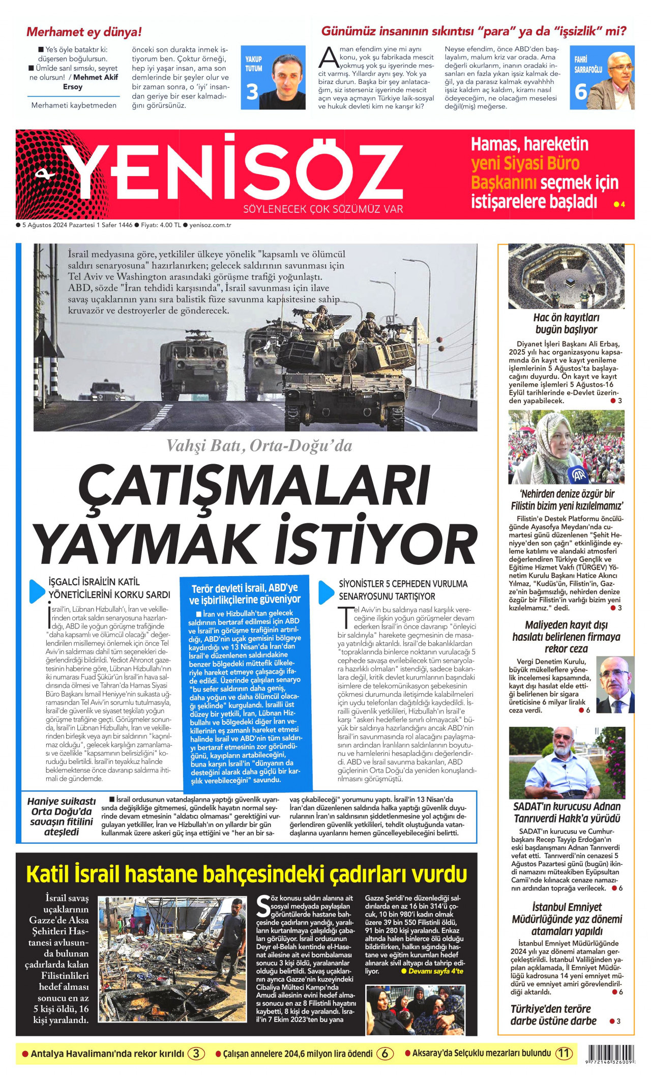 YENİ SÖZ GAZETESİ gazetesinin 5 Ağustos 2024 tarihli birinci sayfası