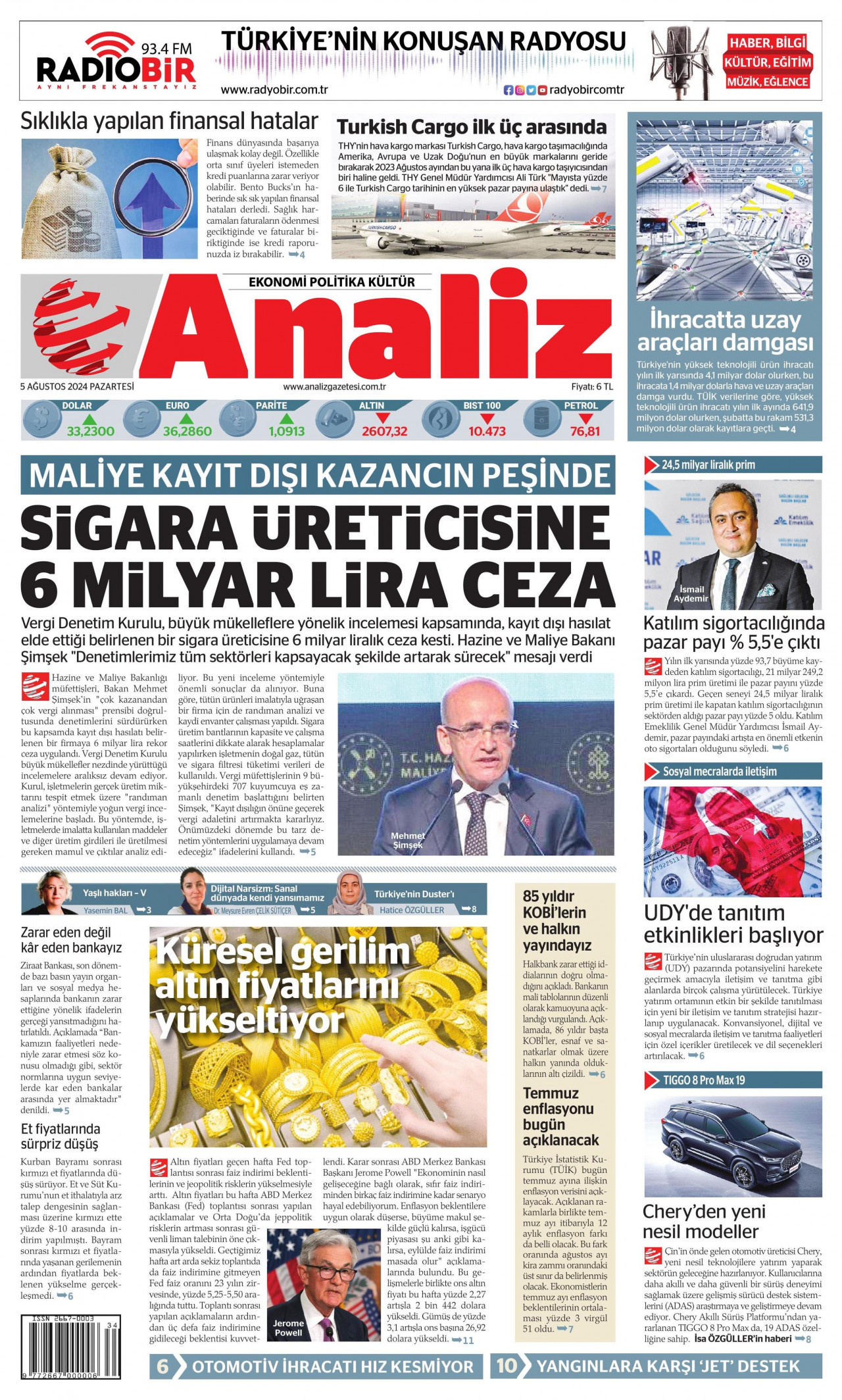 ANALİZ gazetesinin 5 Ağustos 2024 tarihli birinci sayfası