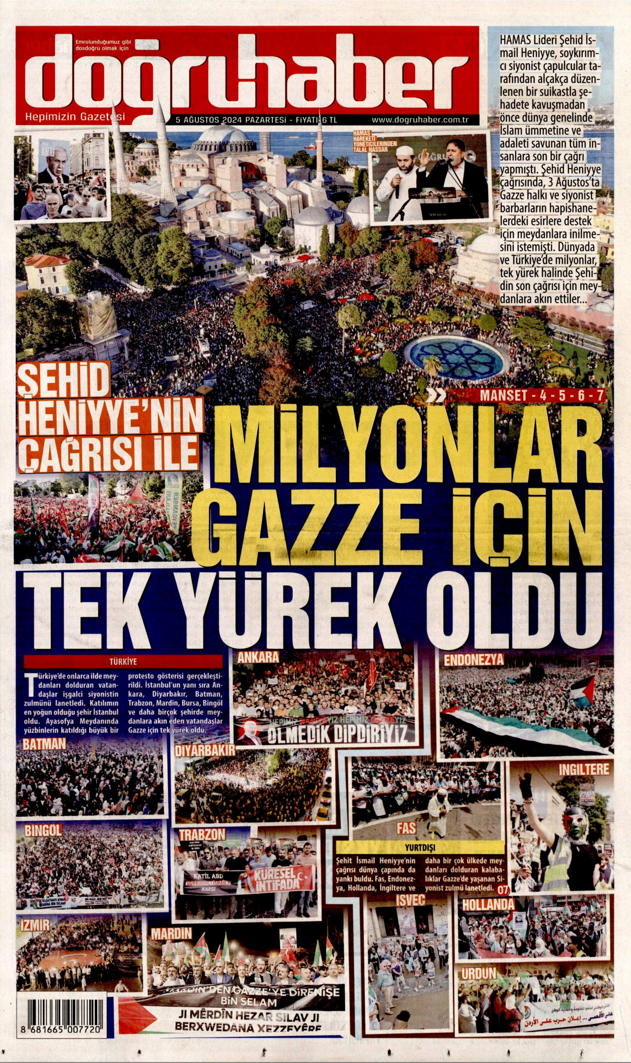 DOĞRU HABER gazetesinin 5 Ağustos 2024 tarihli birinci sayfası