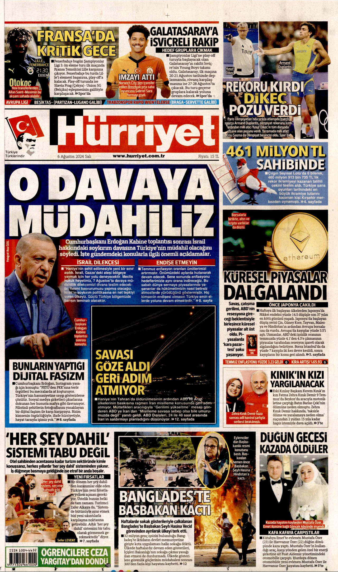 HÜRRİYET gazetesinin 6 Ağustos 2024 tarihli birinci sayfası