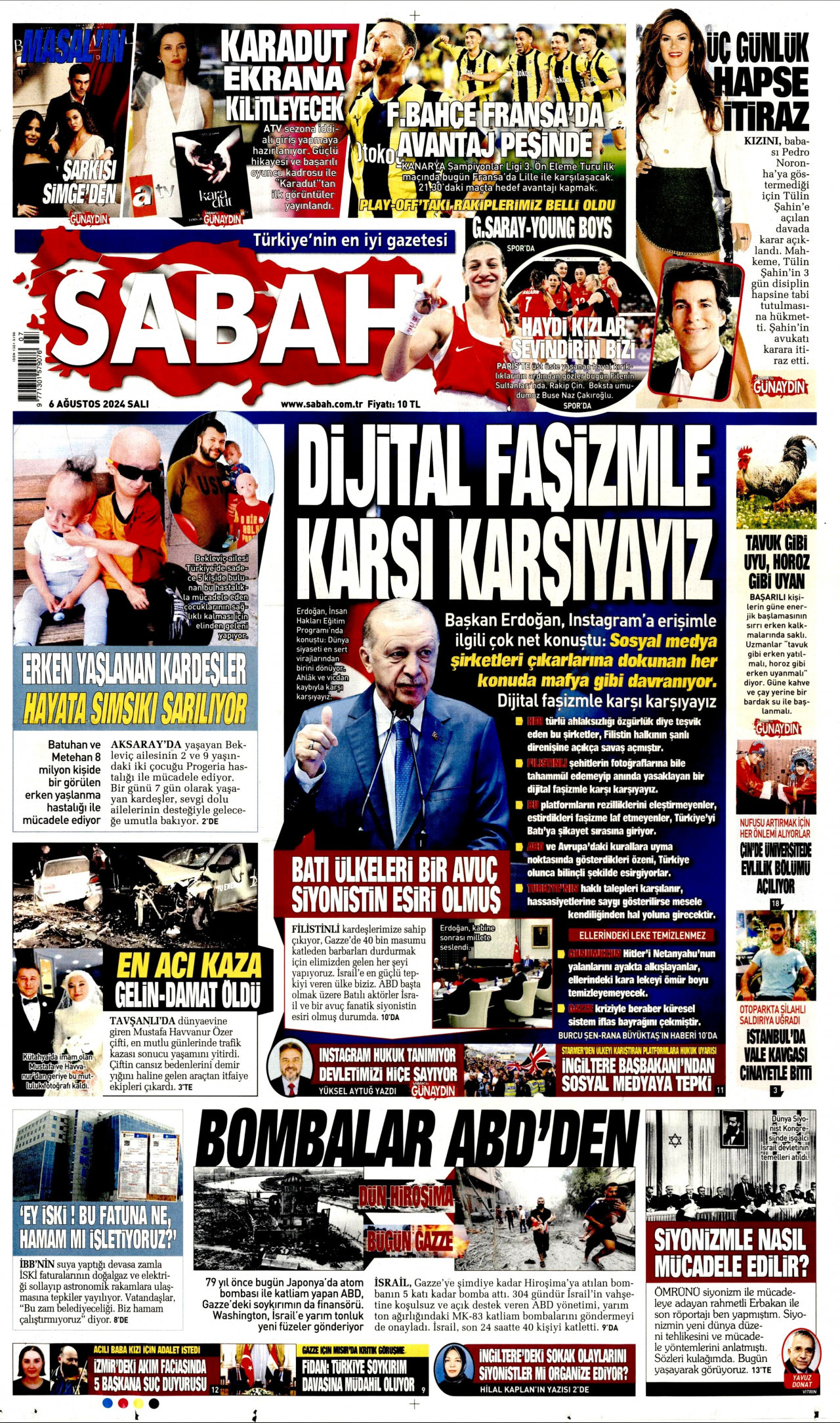 SABAH gazetesinin 6 Ağustos 2024 tarihli birinci sayfası