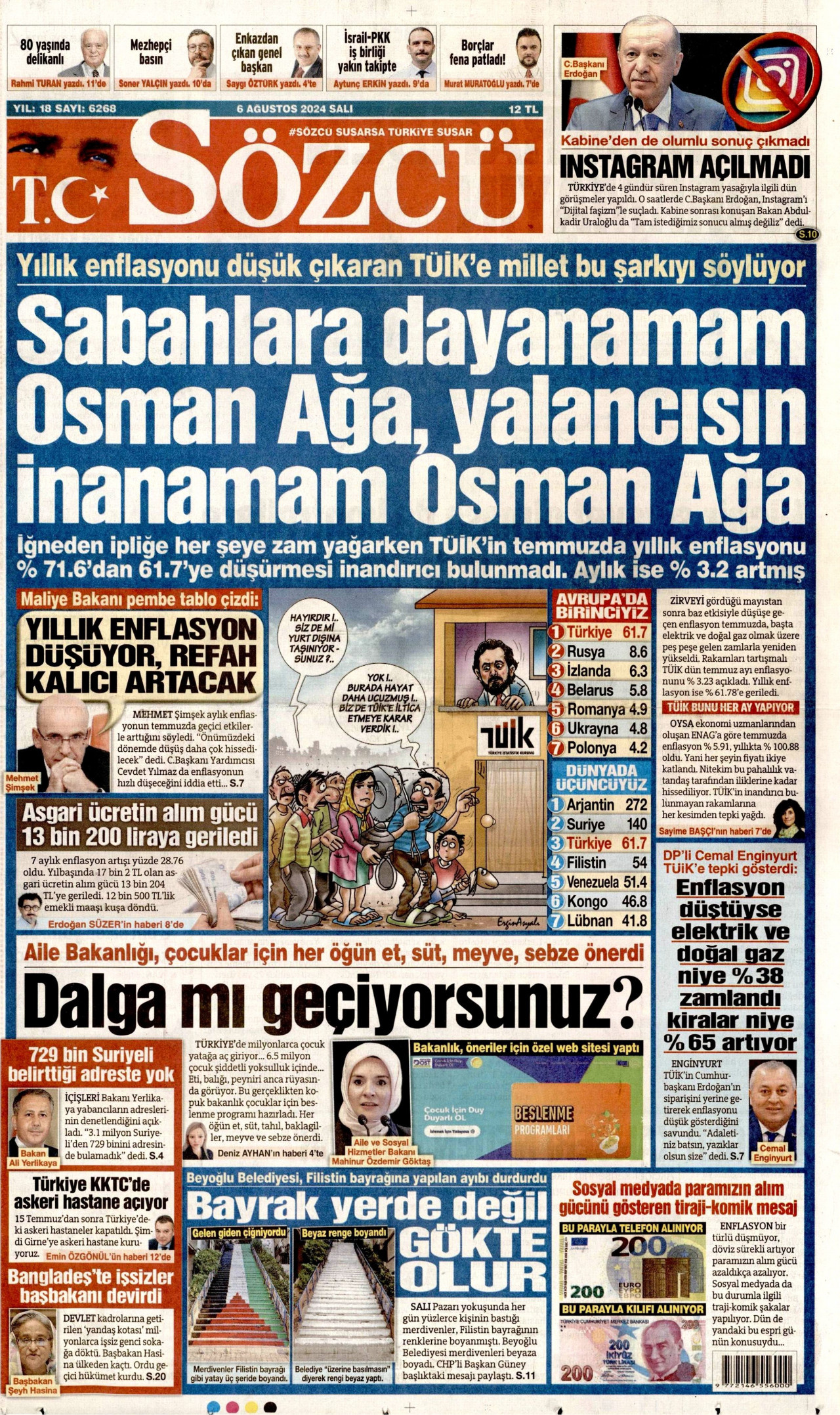 SÖZCÜ gazetesinin 6 Ağustos 2024 tarihli birinci sayfası