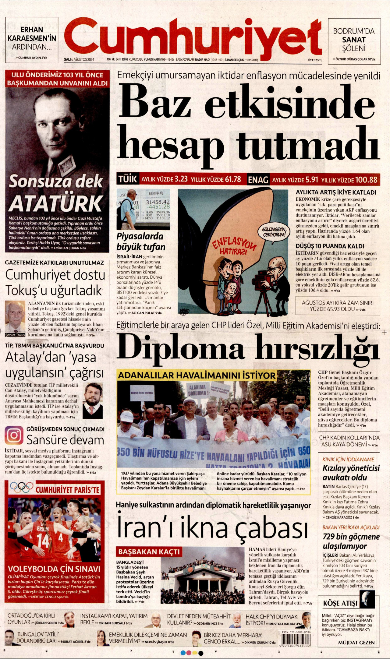 CUMHURİYET gazetesinin 6 Ağustos 2024 tarihli birinci sayfası