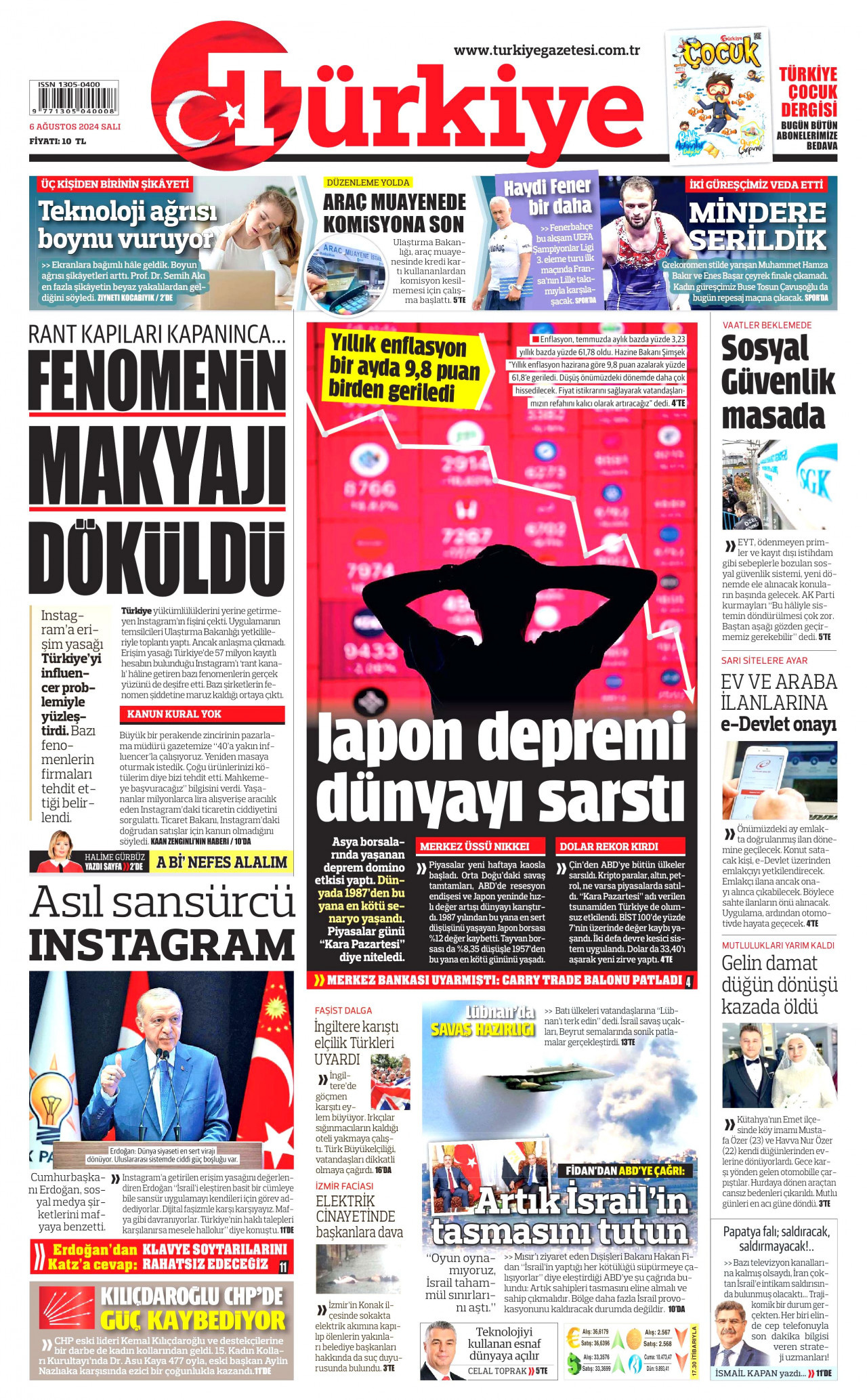 TÜRKİYE GAZETESİ gazetesinin 6 Ağustos 2024 tarihli birinci sayfası