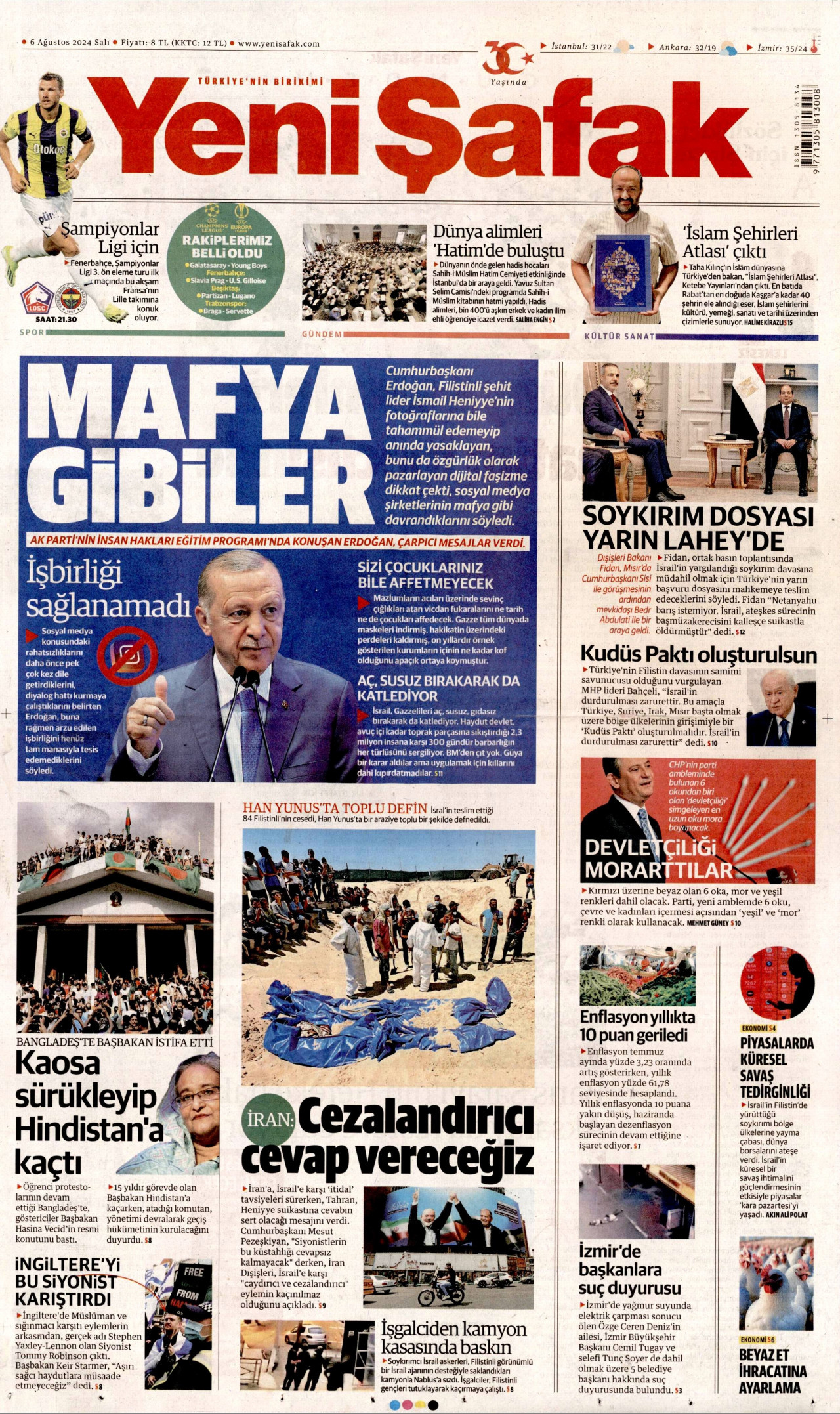 YENİ ŞAFAK gazetesinin 6 Ağustos 2024 tarihli birinci sayfası