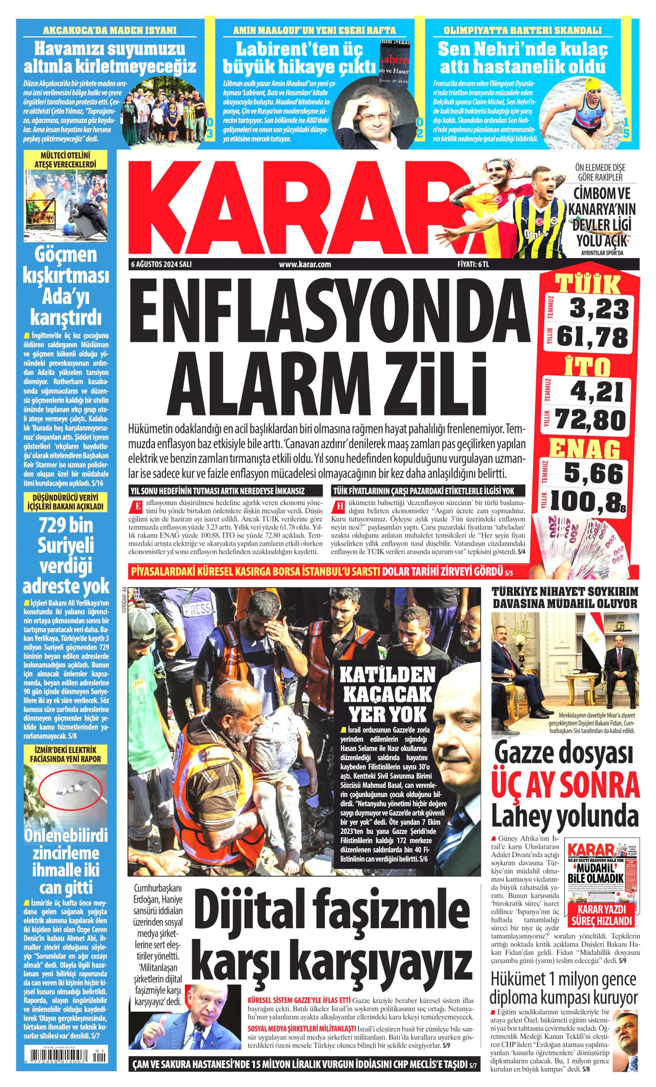 KARAR gazetesinin 6 Ağustos 2024 tarihli birinci sayfası