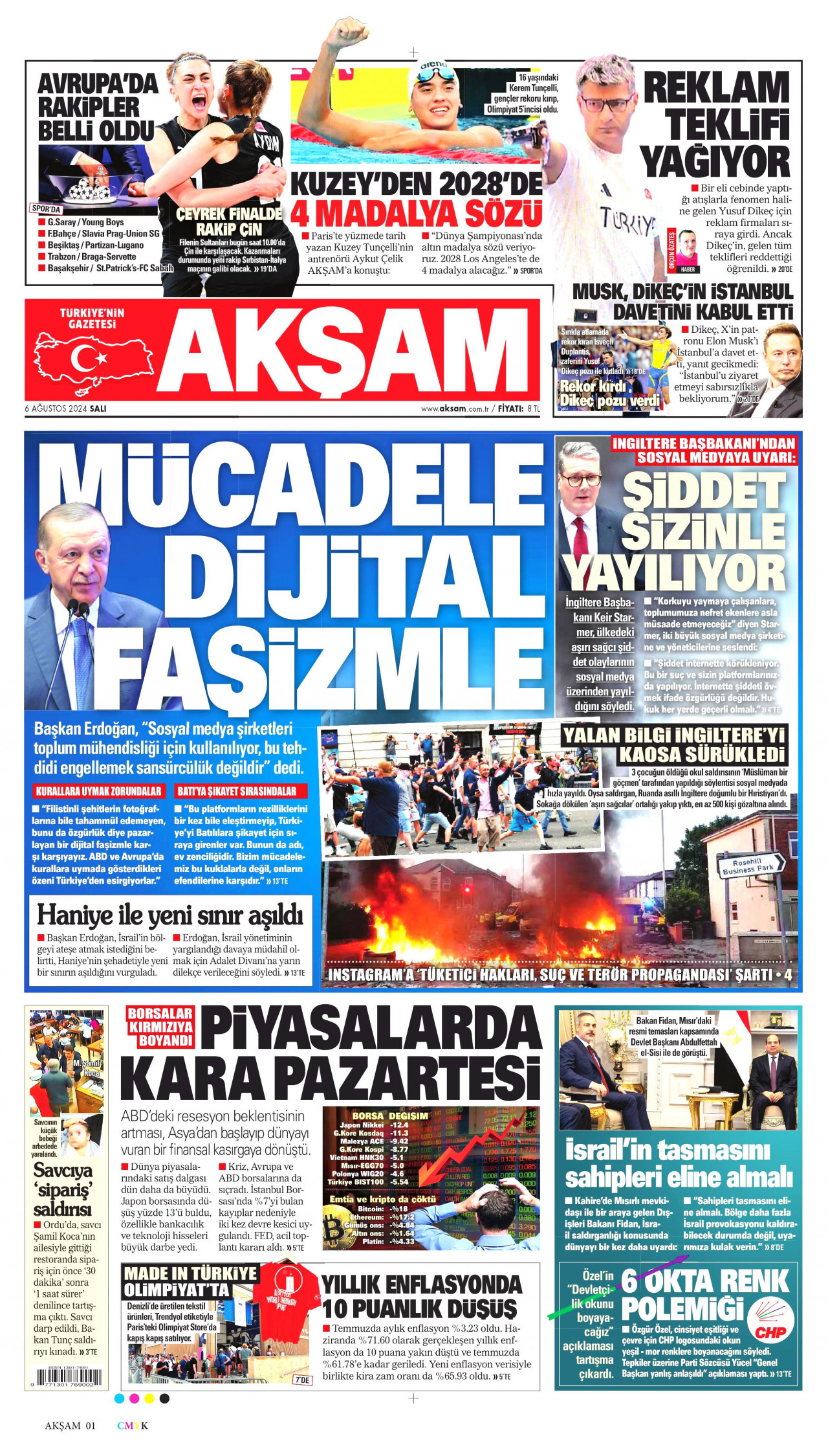 AKŞAM gazetesinin 6 Ağustos 2024 tarihli birinci sayfası