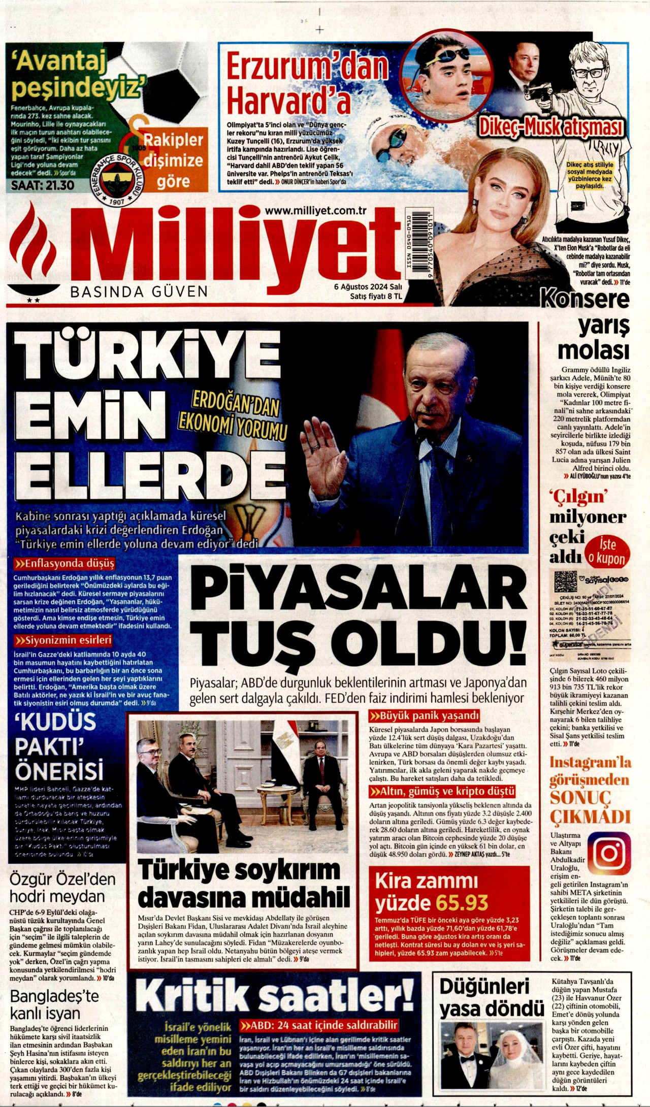 MİLLİYET gazetesinin 6 Ağustos 2024 tarihli birinci sayfası