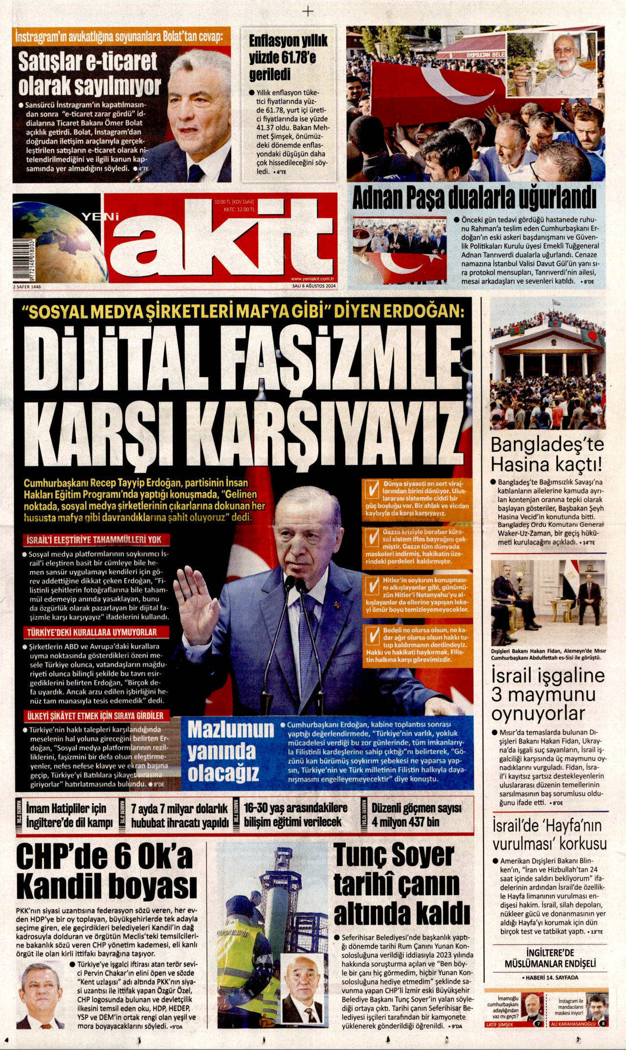 YENİ AKİT gazetesinin 6 Ağustos 2024 tarihli birinci sayfası