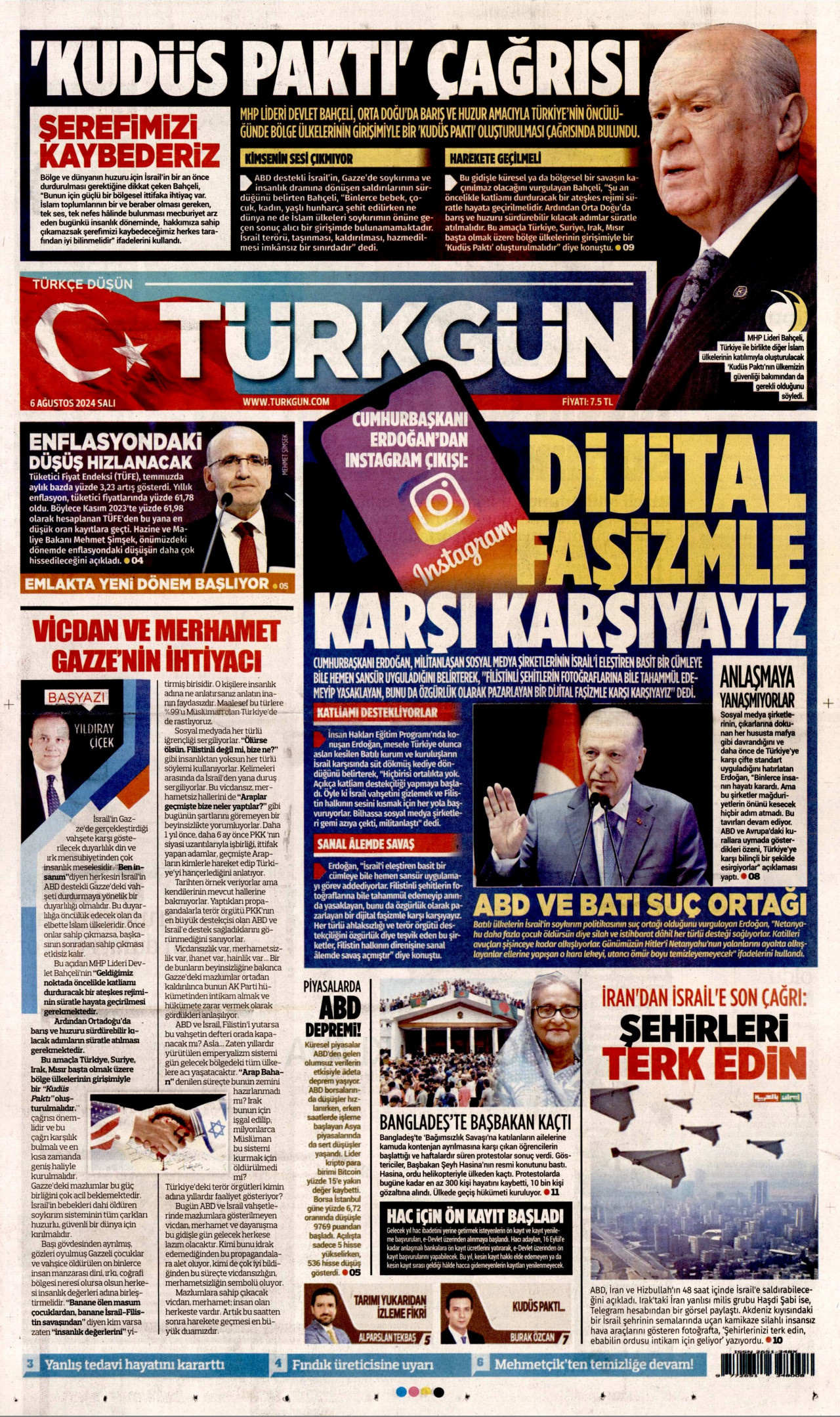 TÜRKGÜN gazetesinin 6 Ağustos 2024 tarihli birinci sayfası