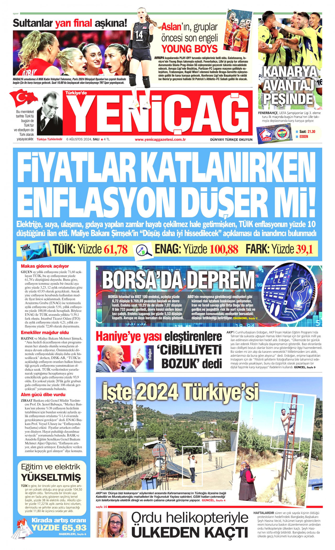 YENİÇAĞ gazetesinin 6 Ağustos 2024 tarihli birinci sayfası