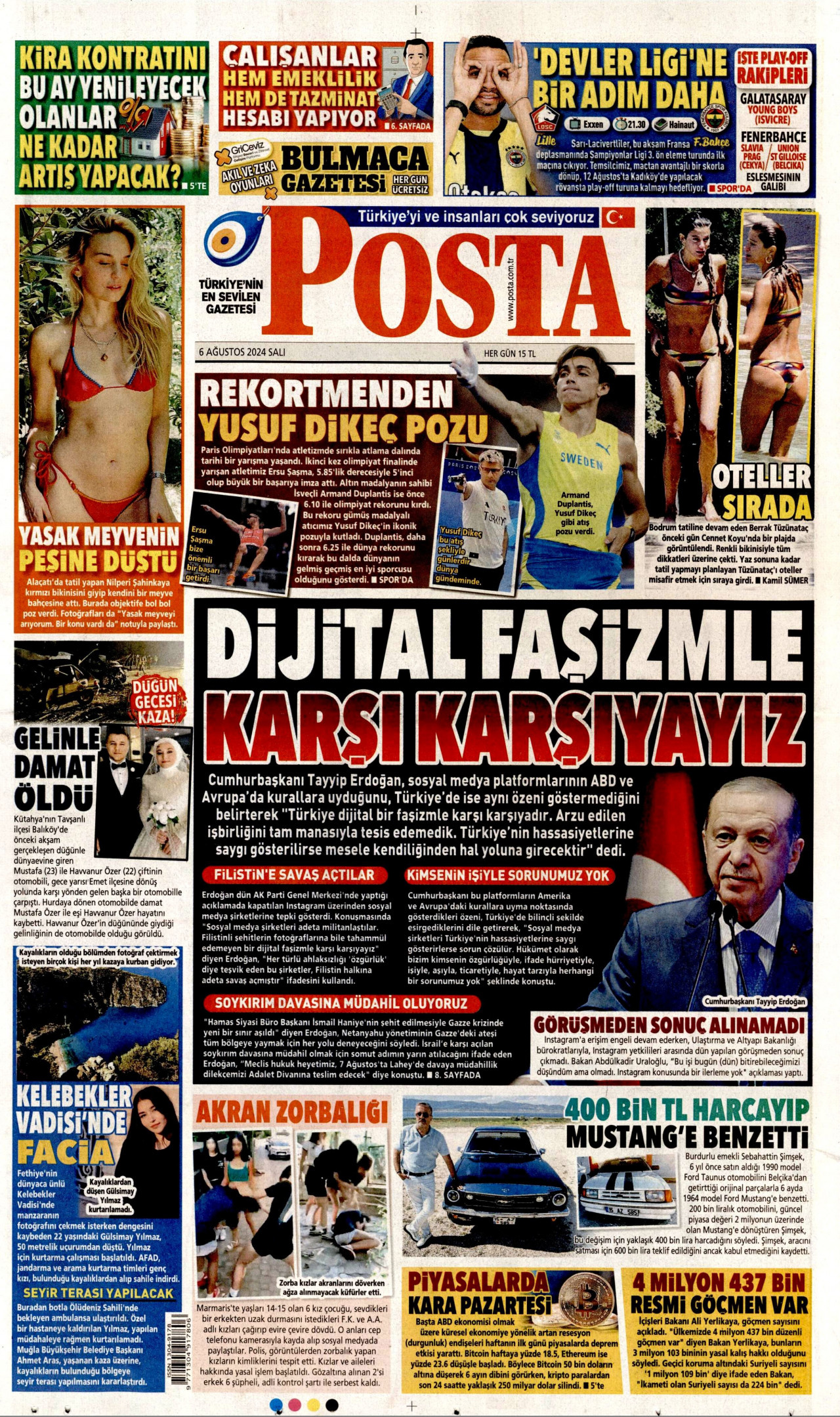 POSTA gazetesinin 6 Ağustos 2024 tarihli birinci sayfası