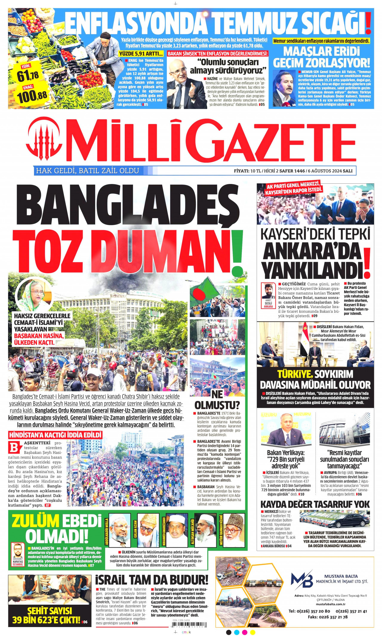 MİLLİ GAZETE gazetesinin 6 Ağustos 2024 tarihli birinci sayfası