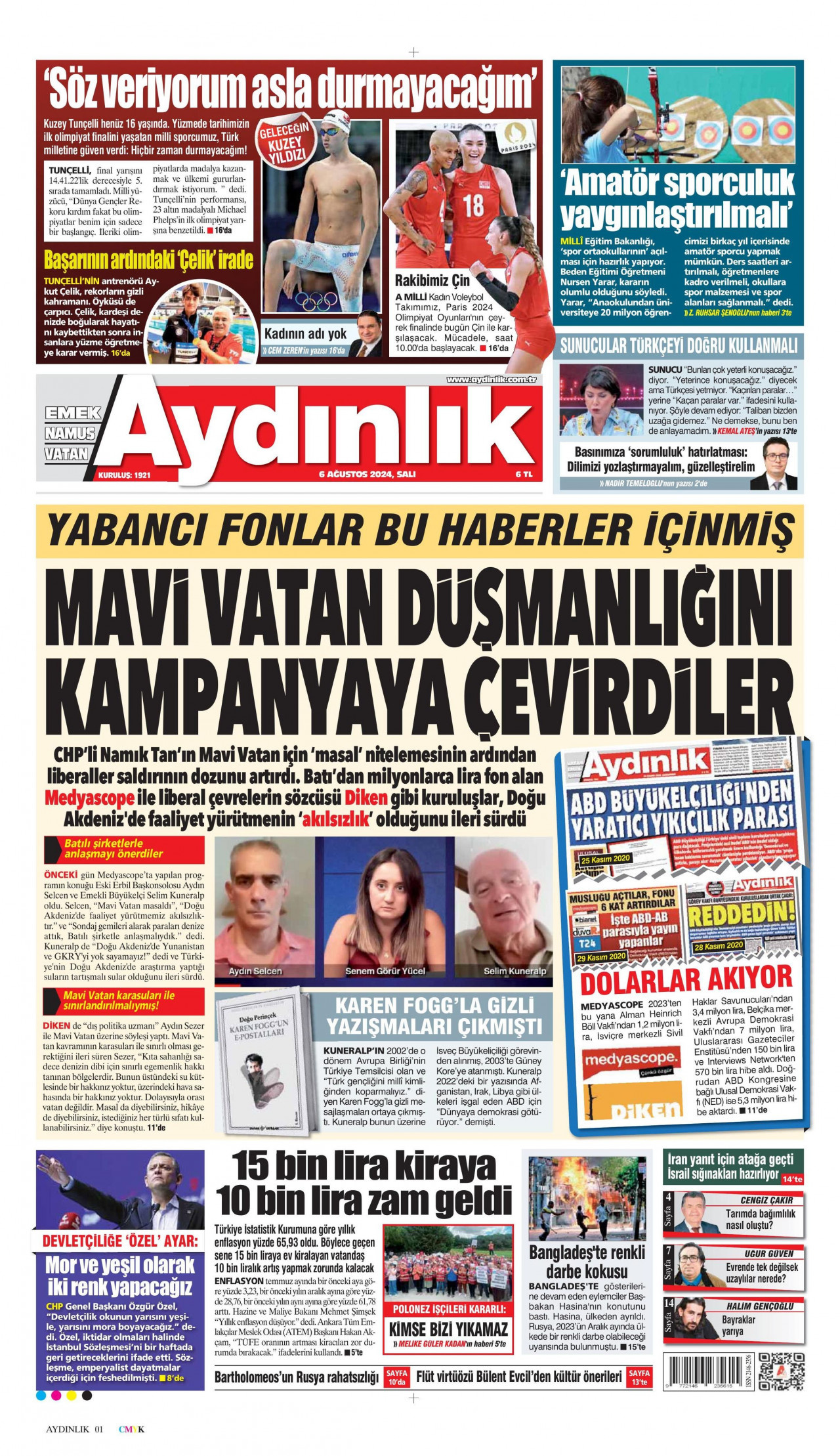 AYDINLIK GAZETESİ gazetesinin 6 Ağustos 2024 tarihli birinci sayfası