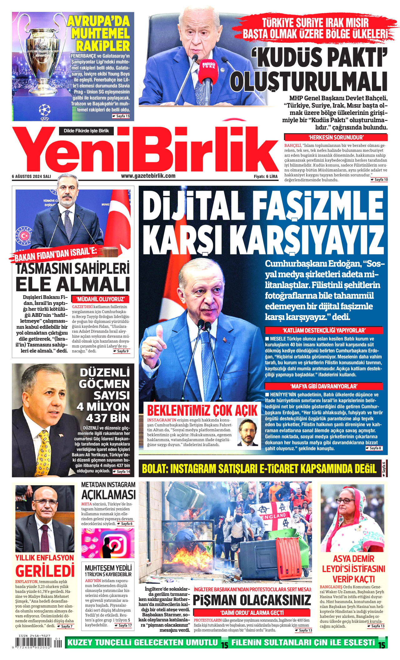 YENİBİRLİK gazetesinin 6 Ağustos 2024 tarihli birinci sayfası