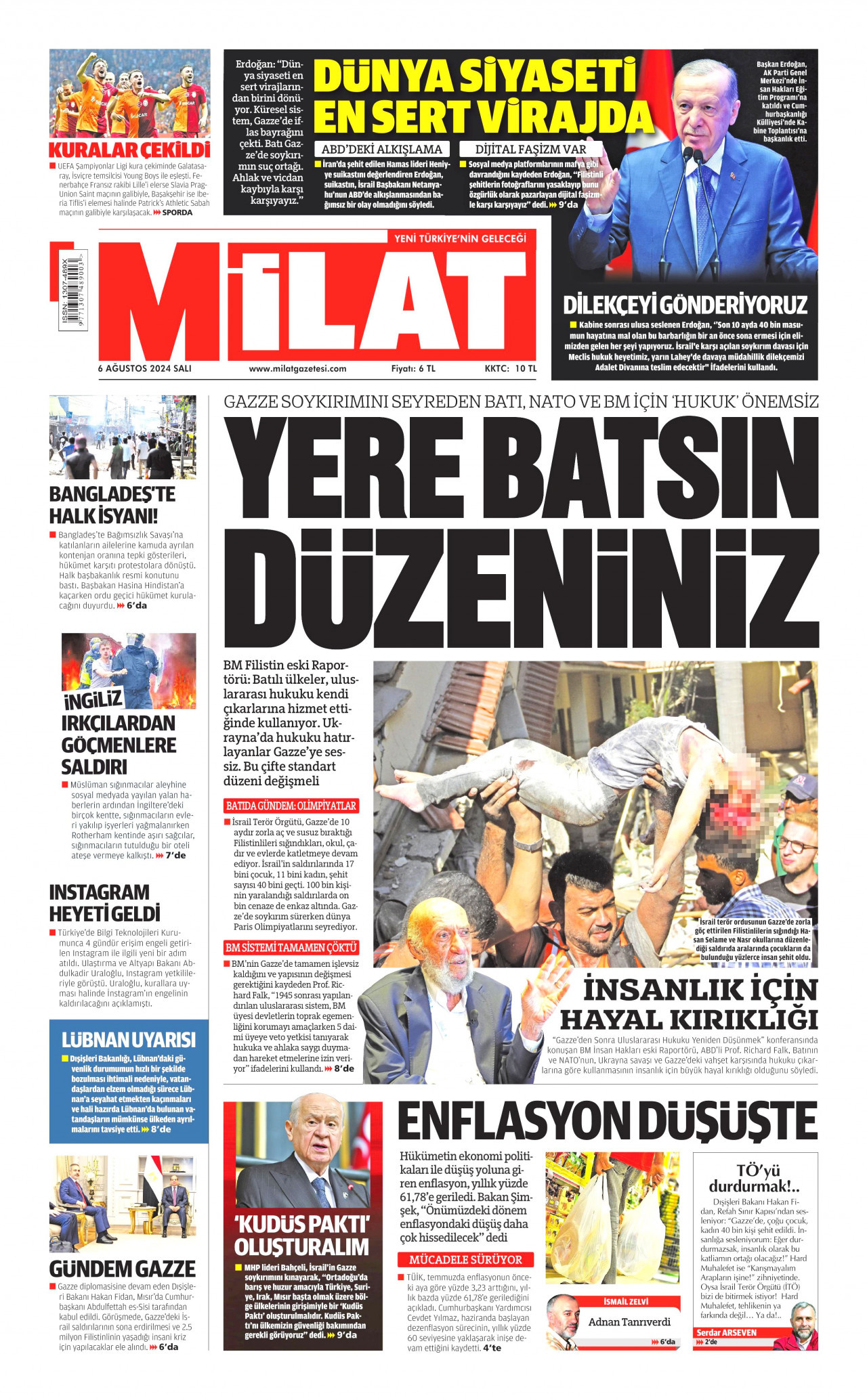 MİLAT gazetesinin 6 Ağustos 2024 tarihli birinci sayfası