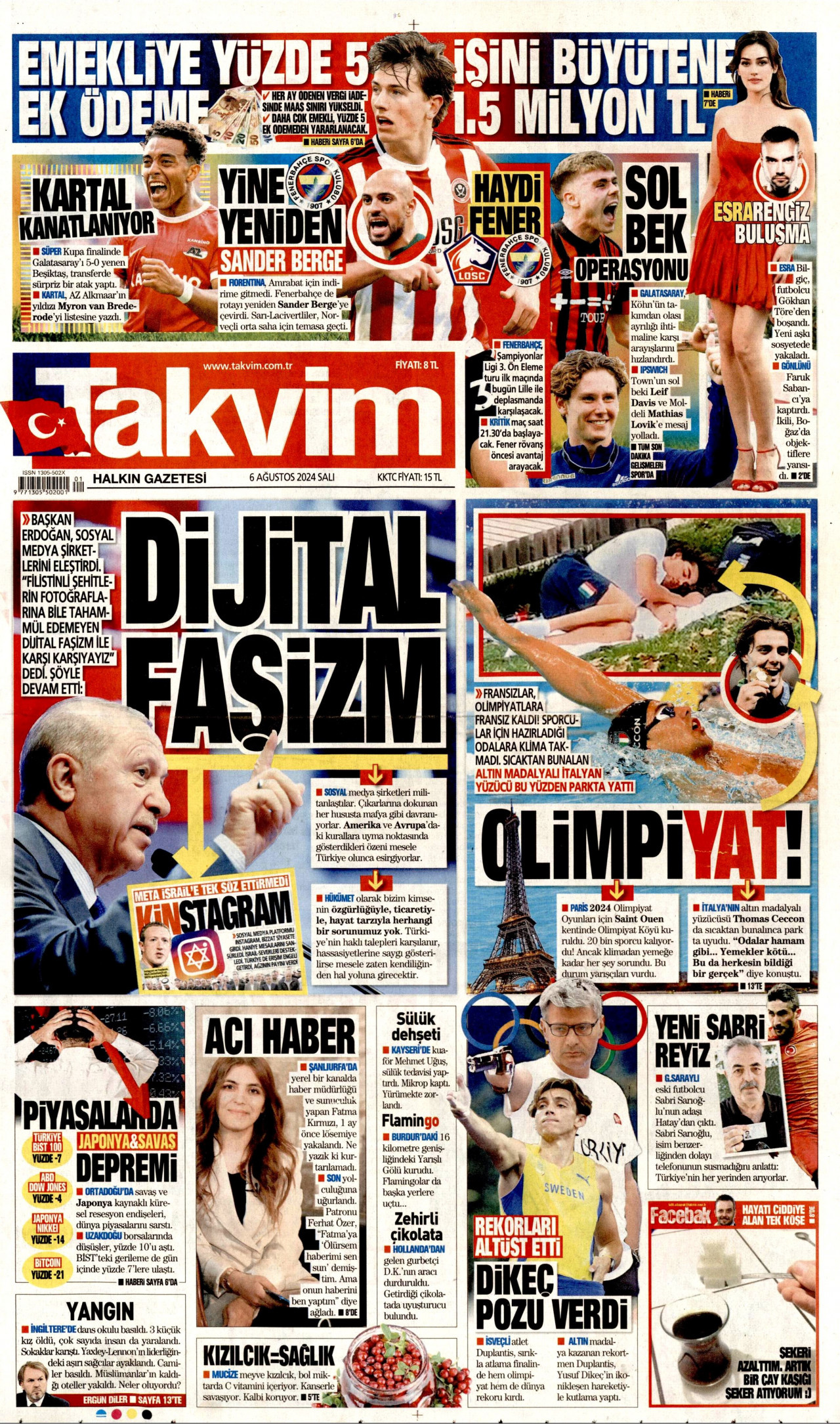 TAKVİM gazetesinin 6 Ağustos 2024 tarihli birinci sayfası