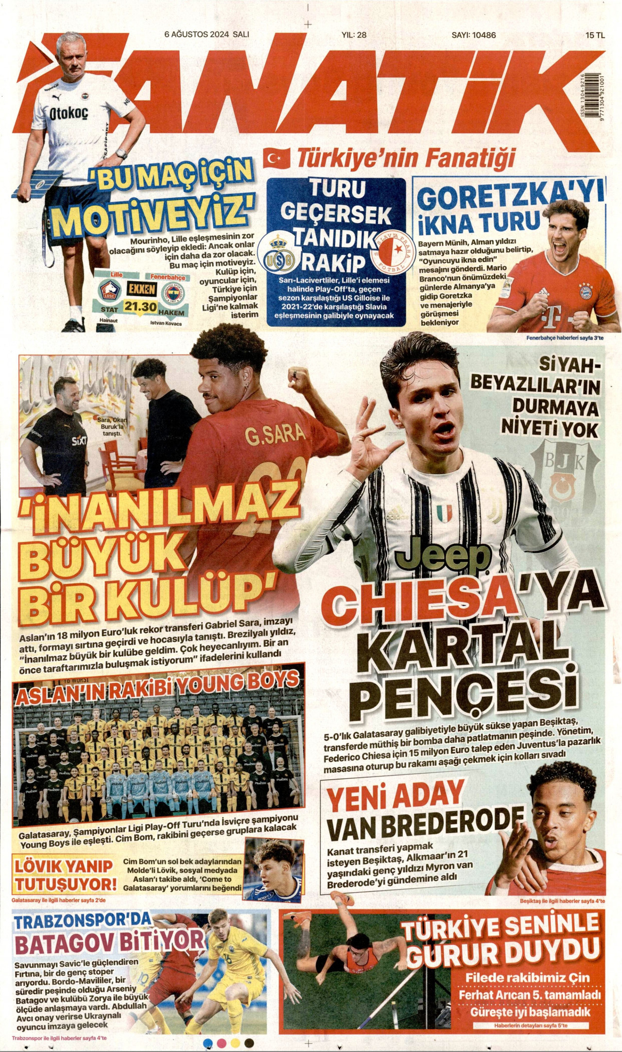FANATİK gazetesinin 6 Ağustos 2024 tarihli birinci sayfası
