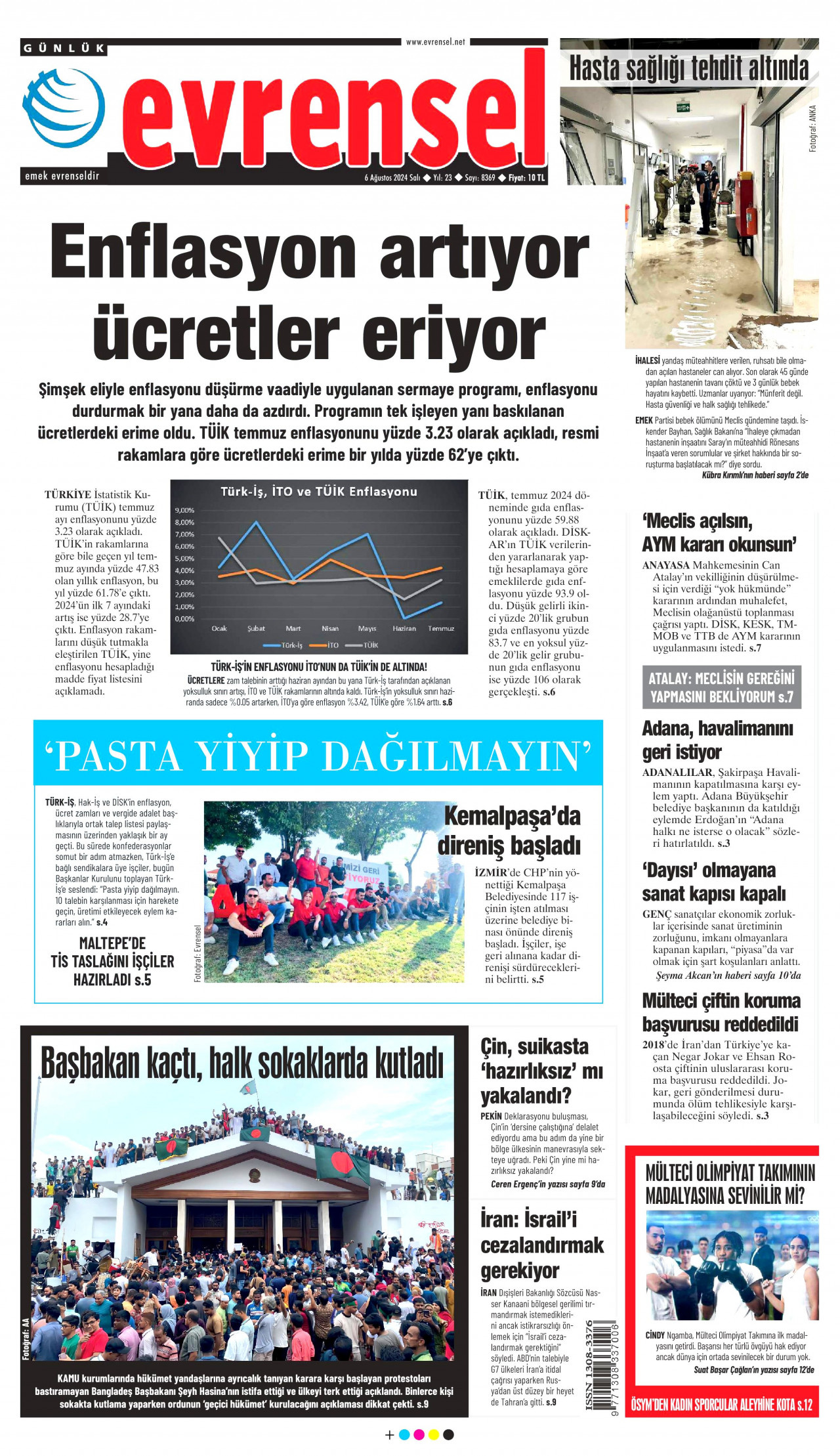 EVRENSEL gazetesinin 6 Ağustos 2024 tarihli birinci sayfası