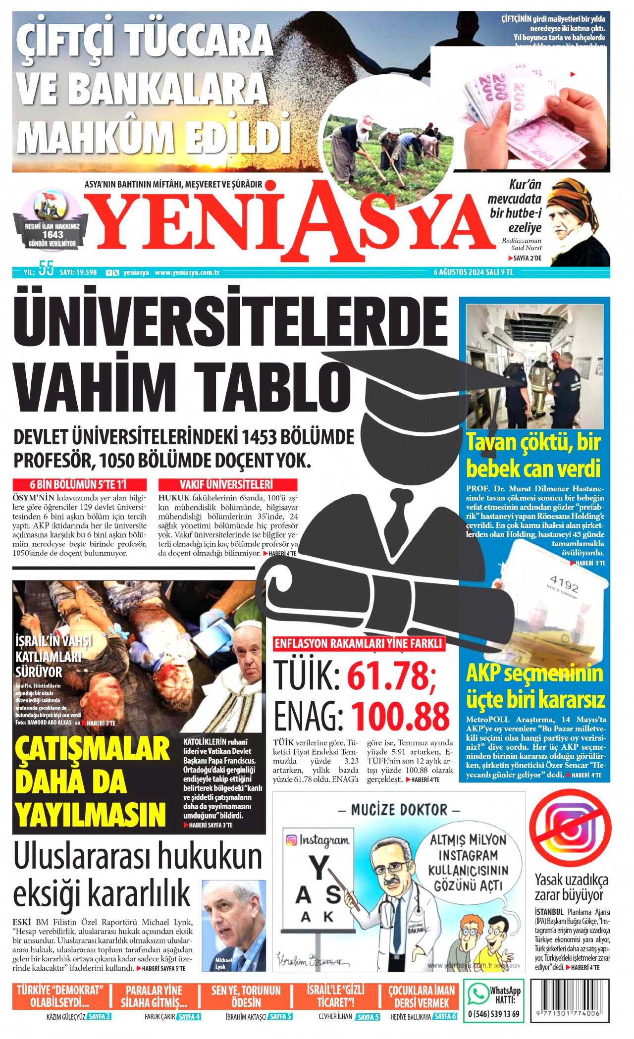 YENİ ASYA gazetesinin 6 Ağustos 2024 tarihli birinci sayfası