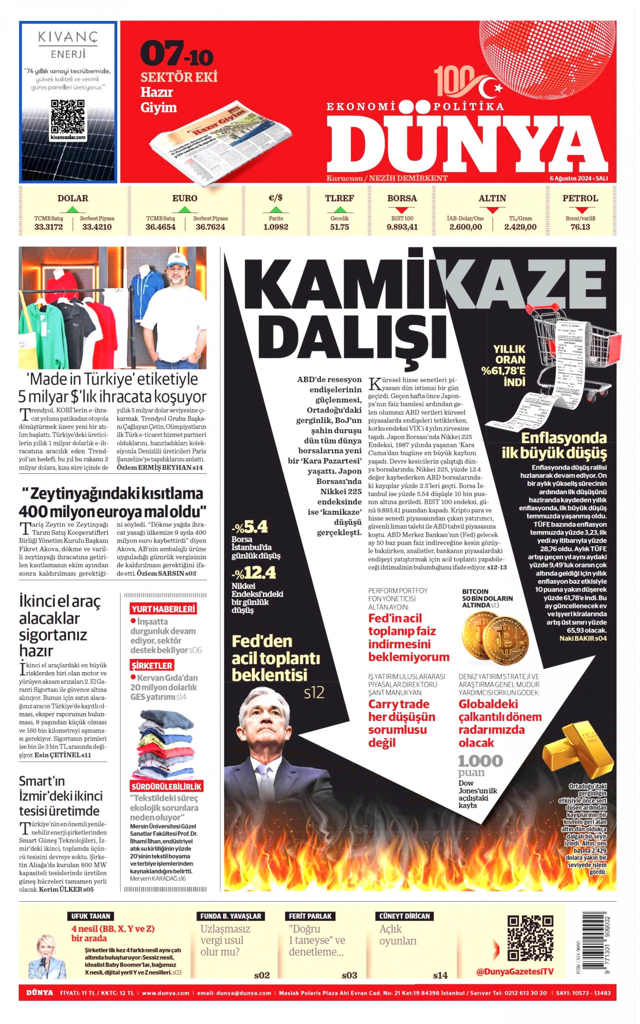 DÜNYA gazetesinin 6 Ağustos 2024 tarihli birinci sayfası