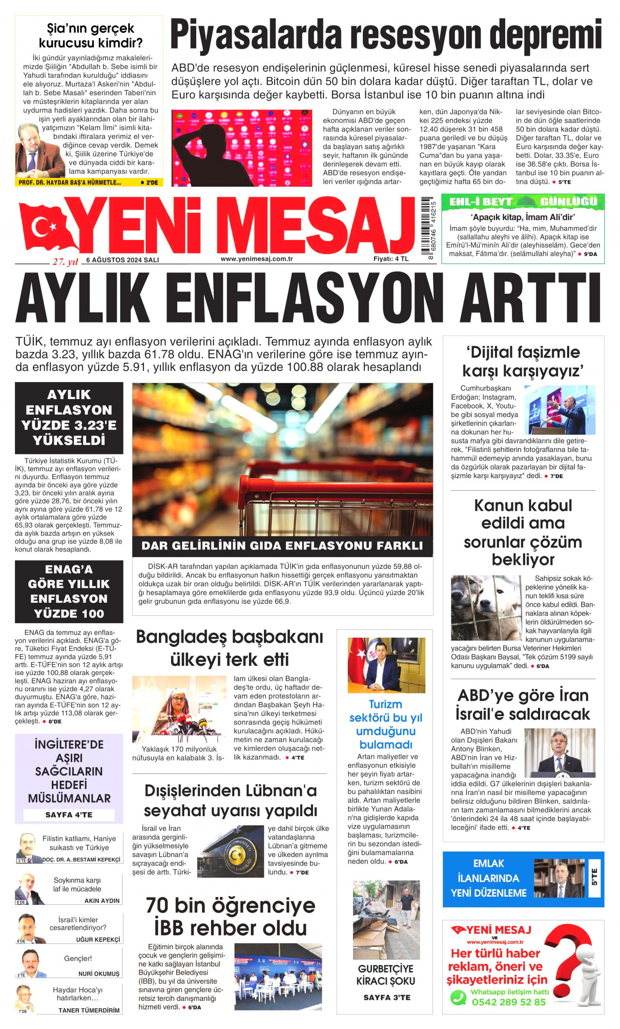 YENİ MESAJ gazetesinin 6 Ağustos 2024 tarihli birinci sayfası