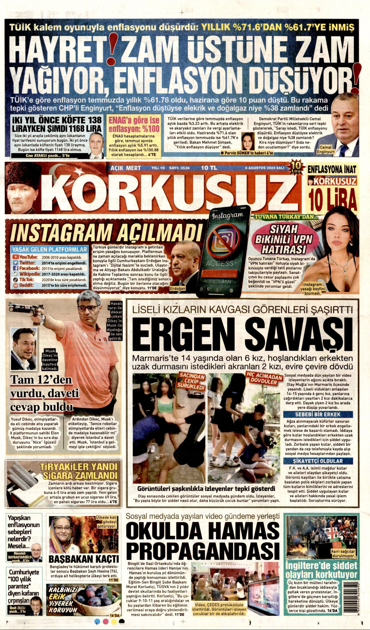 KORKUSUZ gazetesinin 6 Ağustos 2024 tarihli birinci sayfası