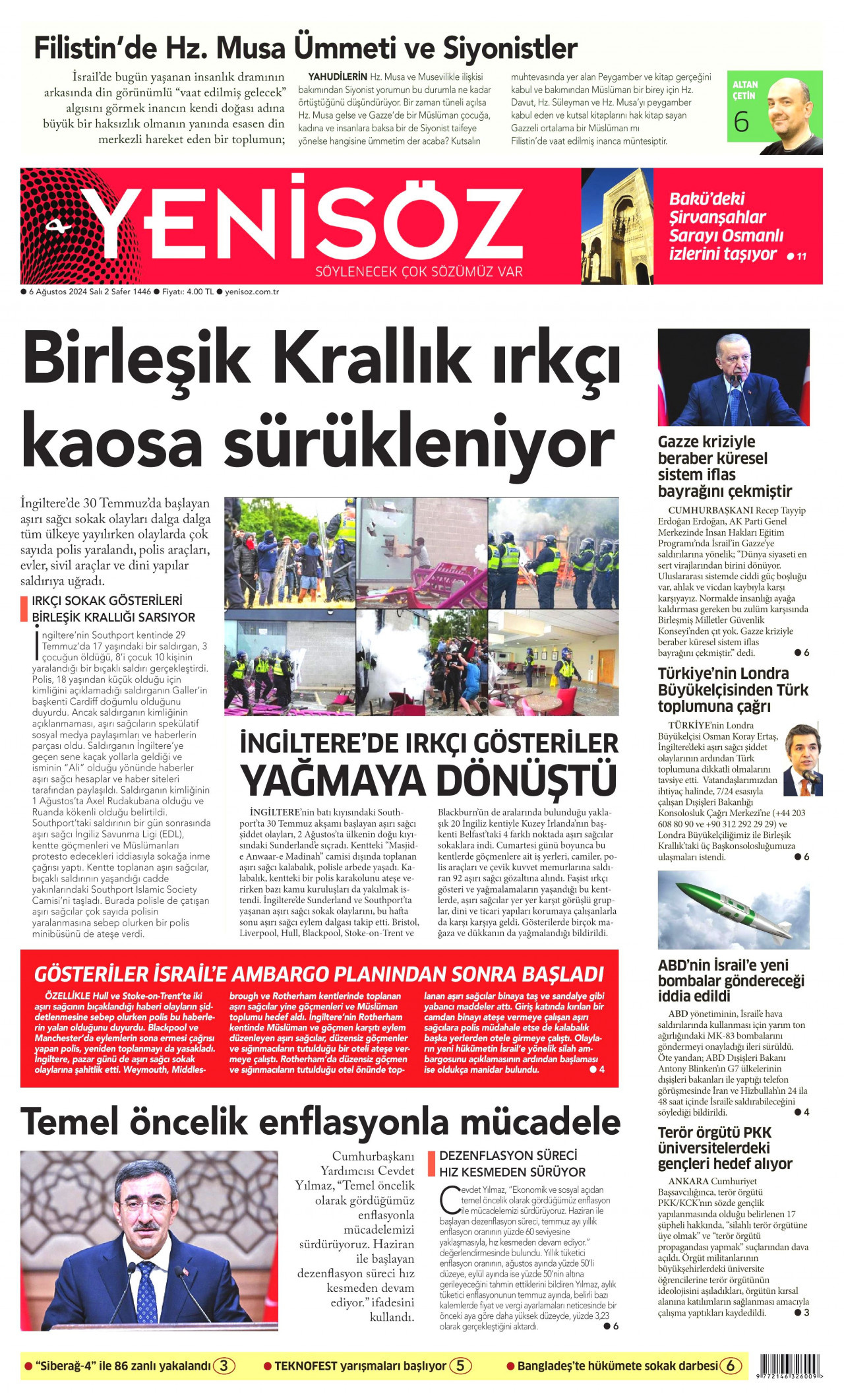 YENİ SÖZ GAZETESİ gazetesinin 6 Ağustos 2024 tarihli birinci sayfası