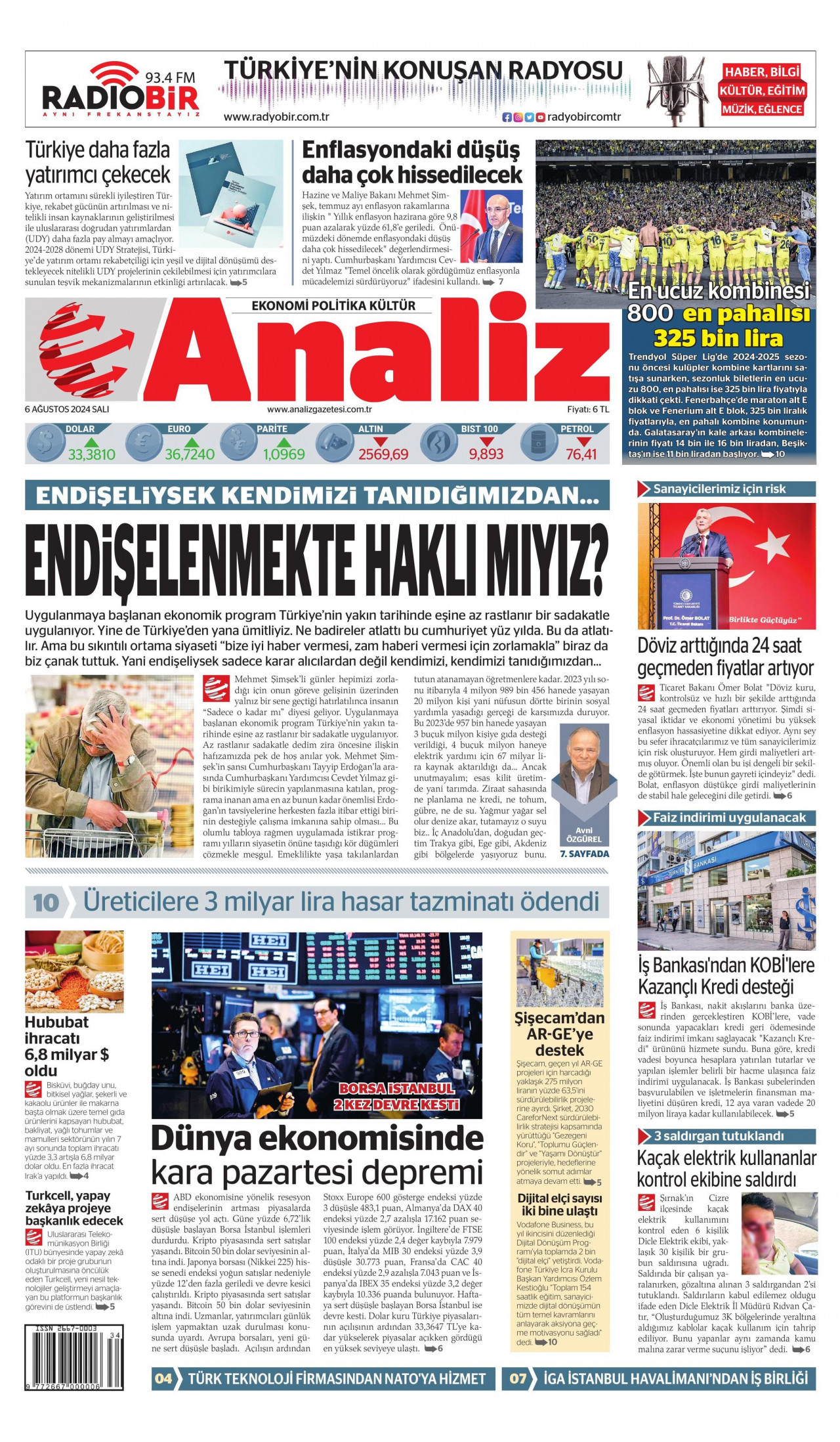 ANALİZ gazetesinin 6 Ağustos 2024 tarihli birinci sayfası