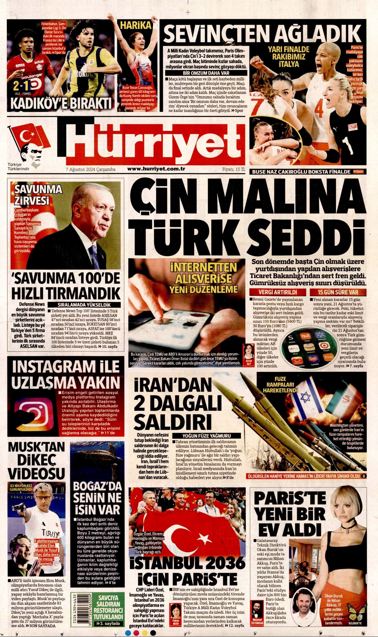 HÜRRİYET gazetesinin 7 Ağustos 2024 tarihli birinci sayfası