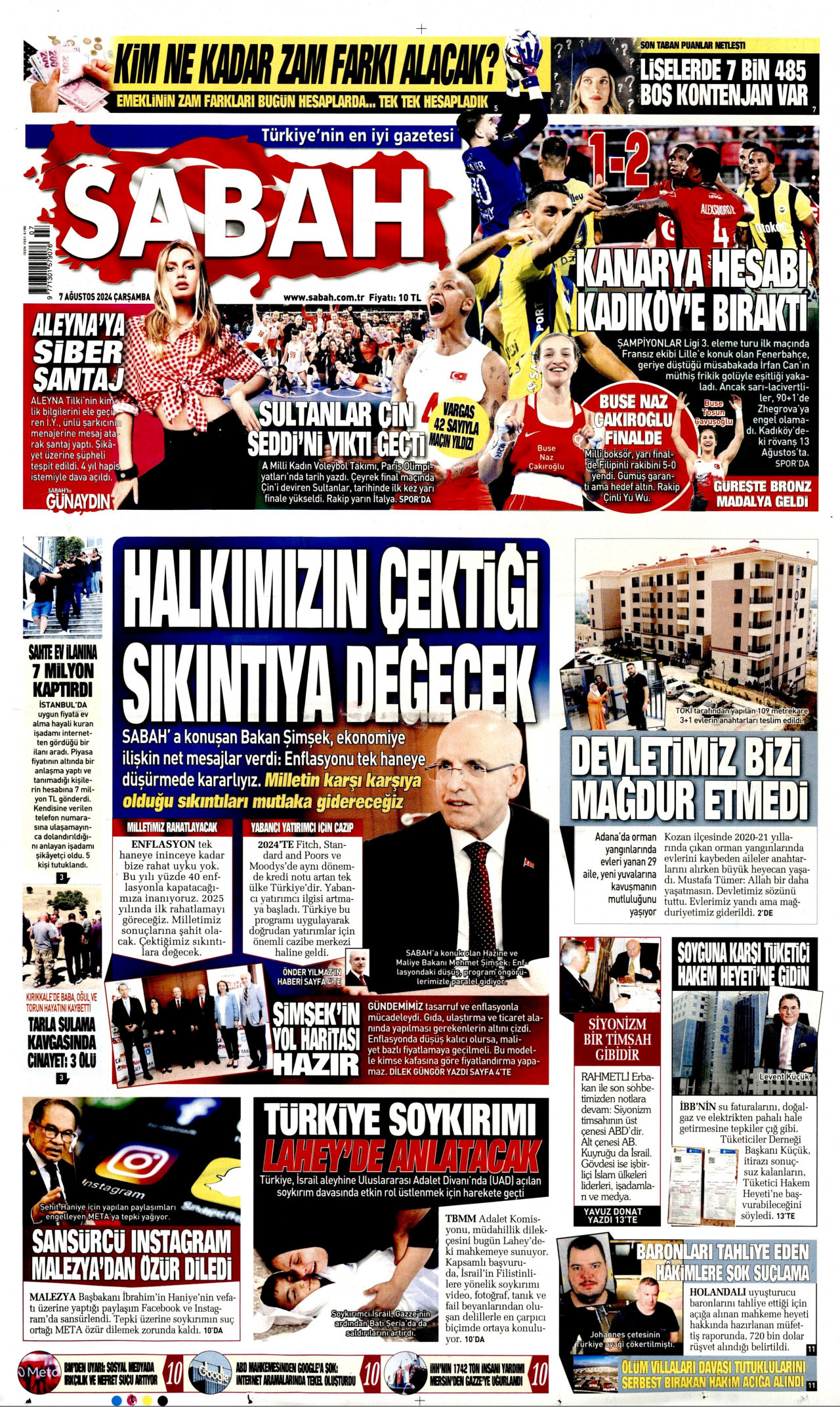 SABAH gazetesinin 7 Ağustos 2024 tarihli birinci sayfası
