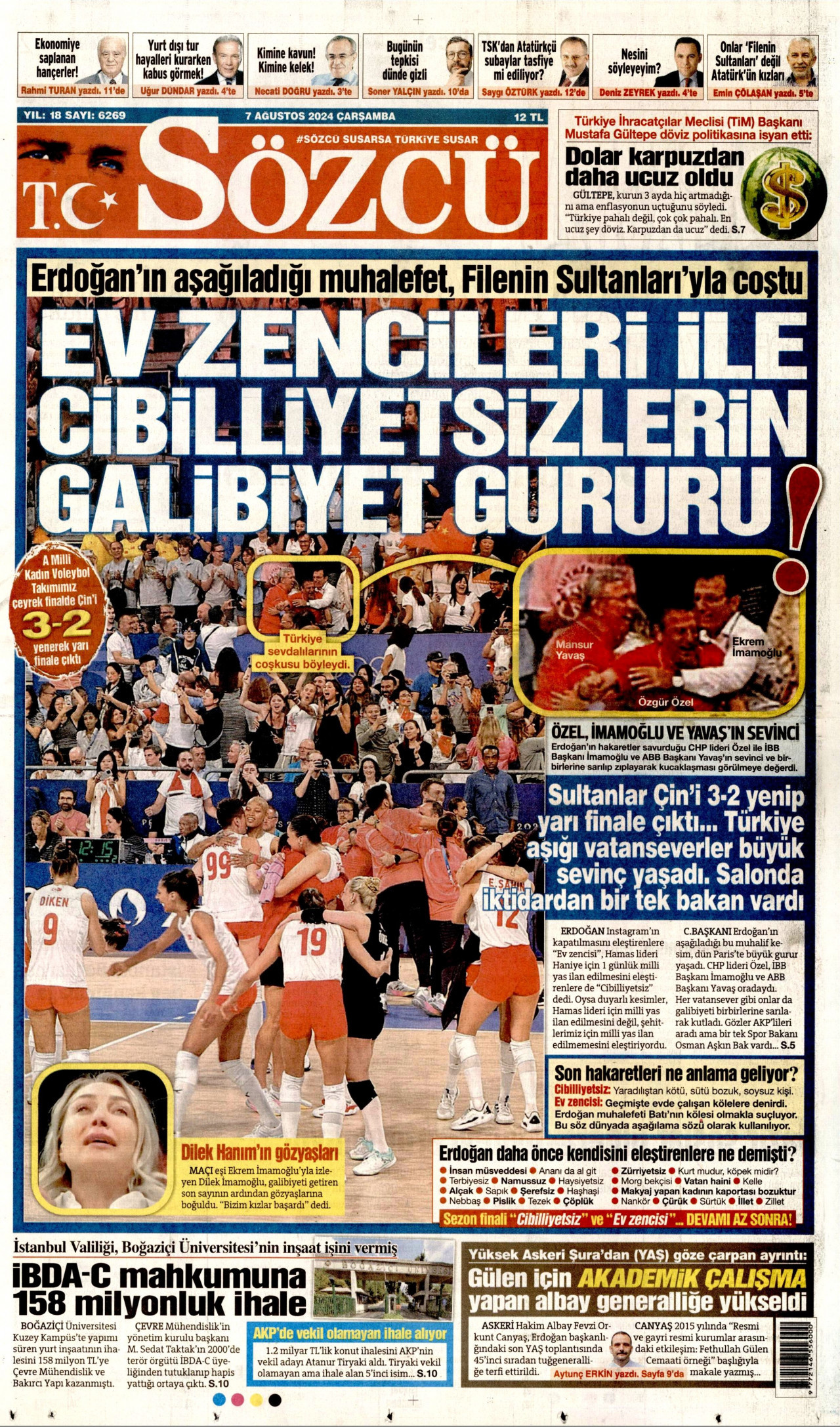 SÖZCÜ gazetesinin 7 Ağustos 2024 tarihli birinci sayfası