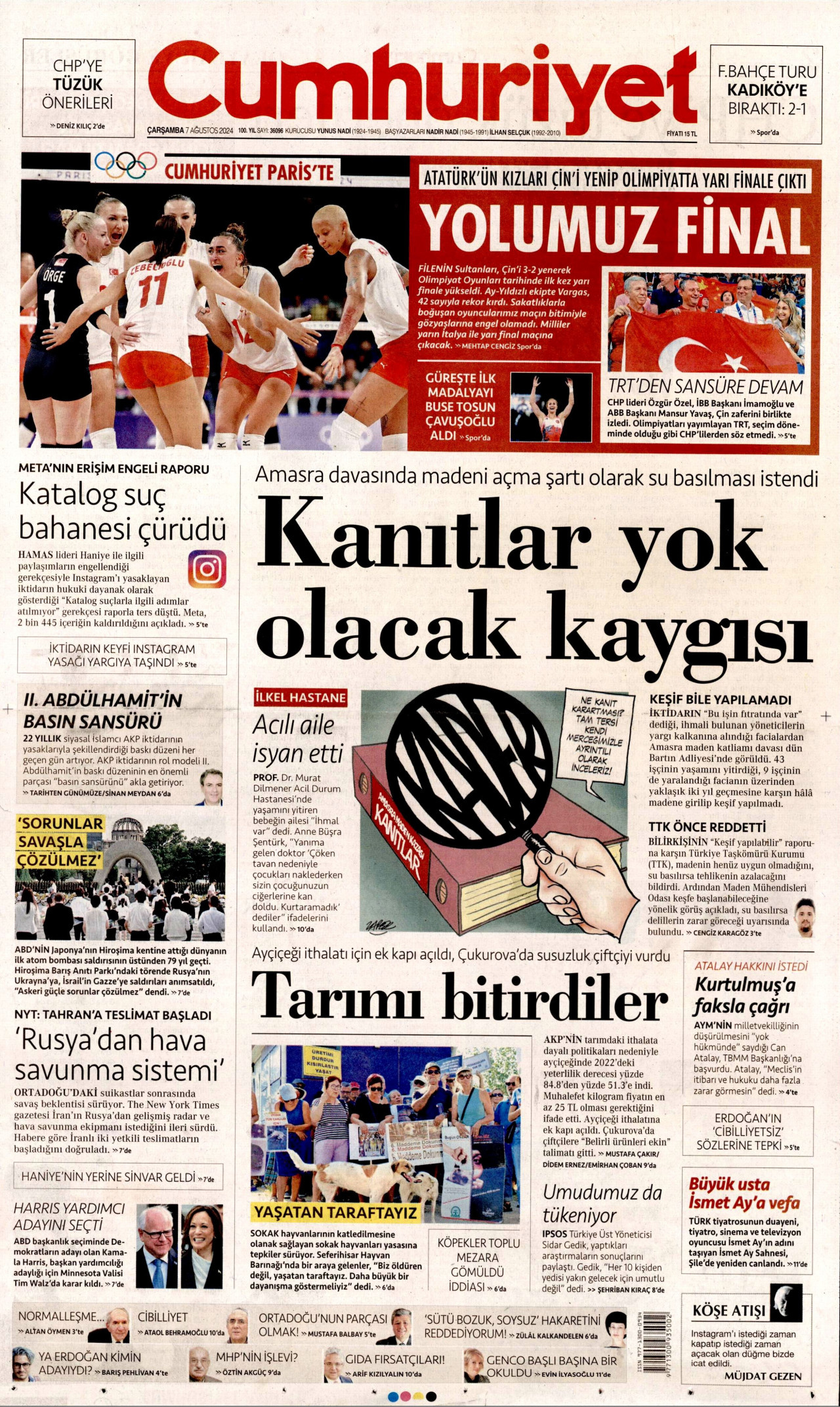 CUMHURİYET gazetesinin 7 Ağustos 2024 tarihli birinci sayfası