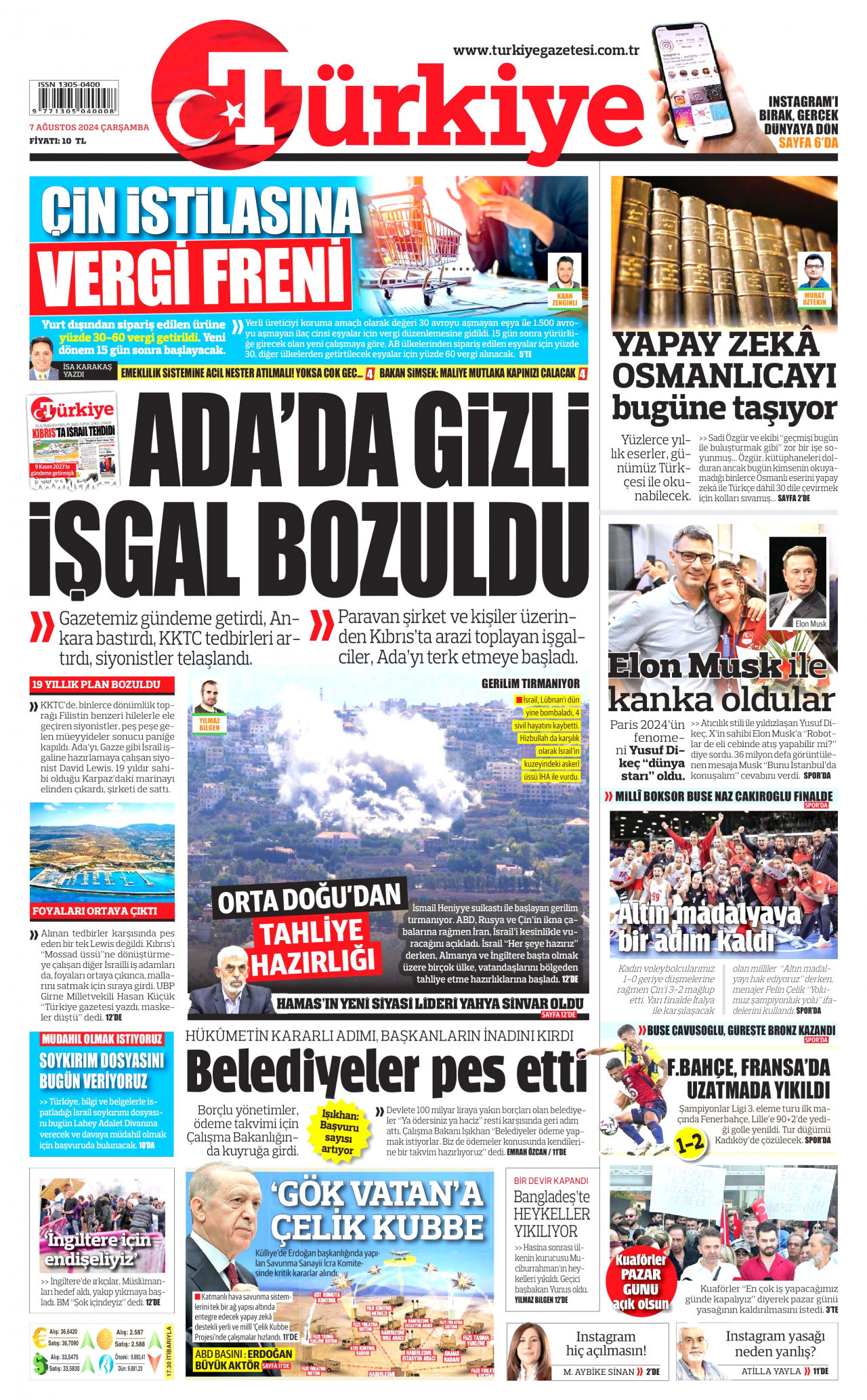TÜRKİYE GAZETESİ gazetesinin 7 Ağustos 2024 tarihli birinci sayfası