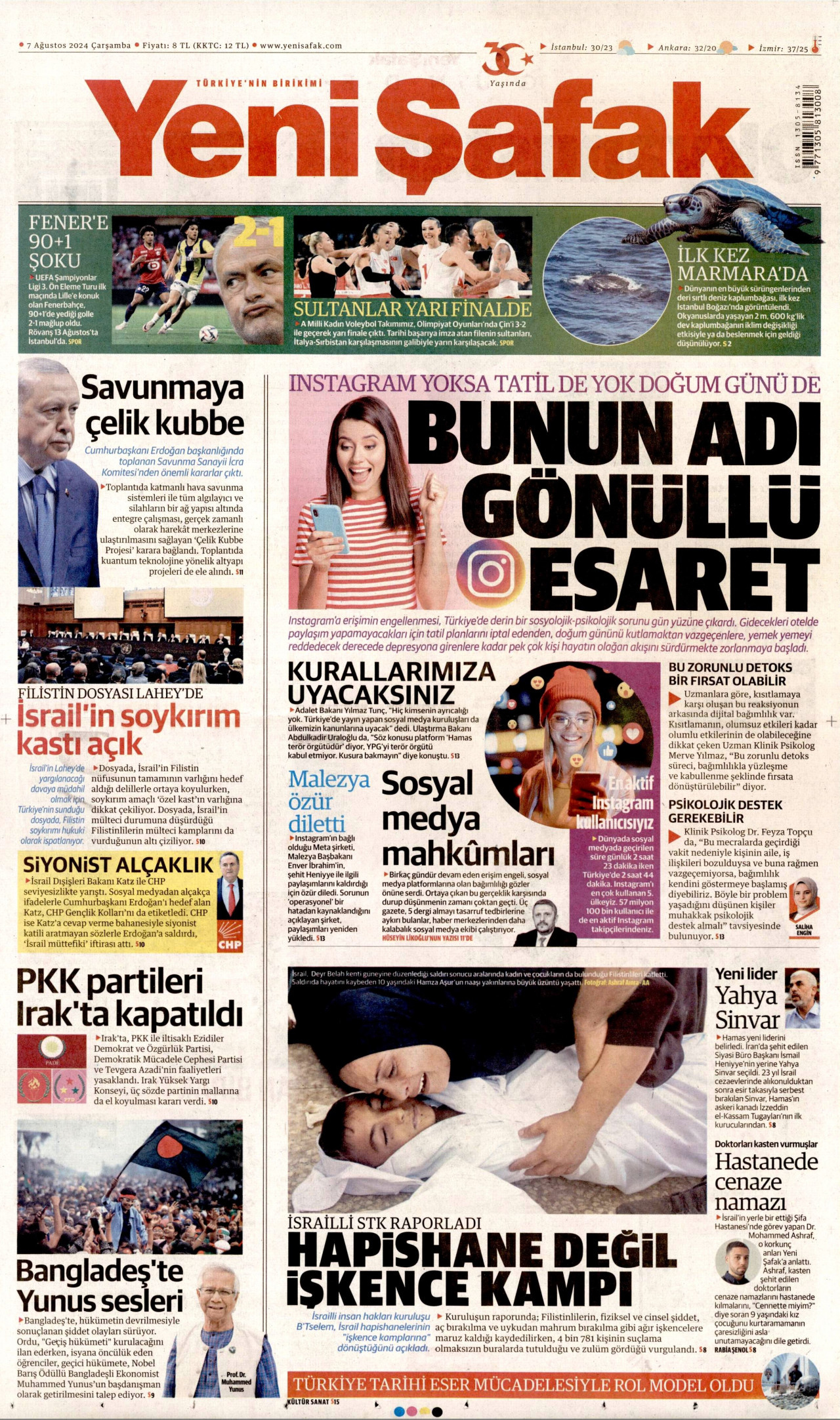 YENİ ŞAFAK gazetesinin 7 Ağustos 2024 tarihli birinci sayfası