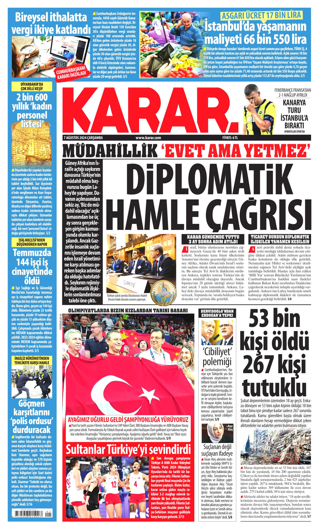 KARAR gazetesinin 7 Ağustos 2024 tarihli birinci sayfası