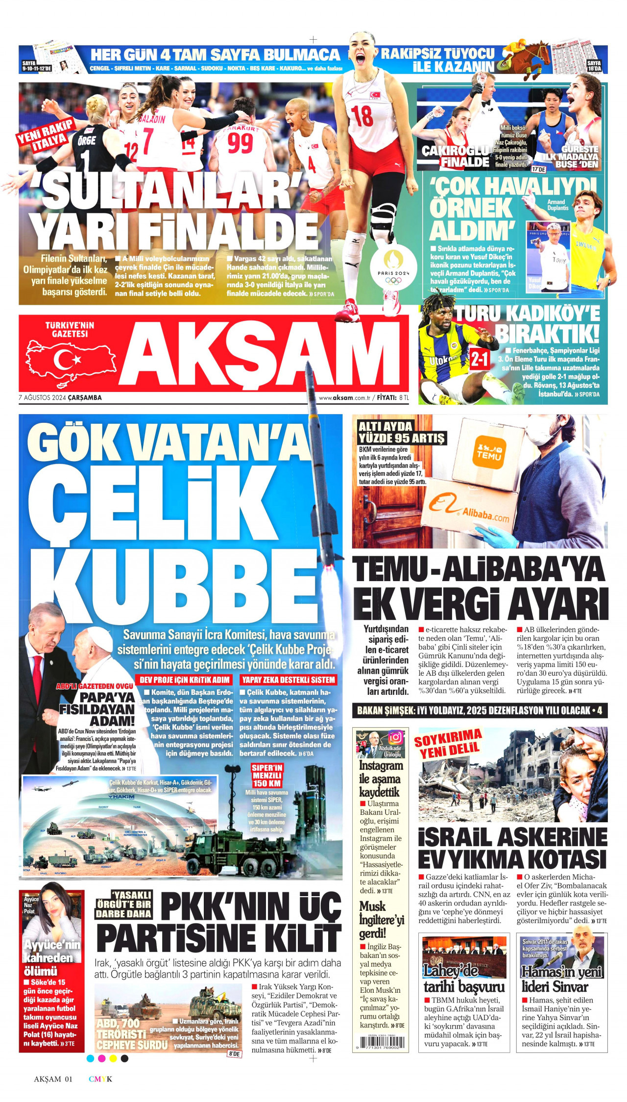 AKŞAM gazetesinin 7 Ağustos 2024 tarihli birinci sayfası