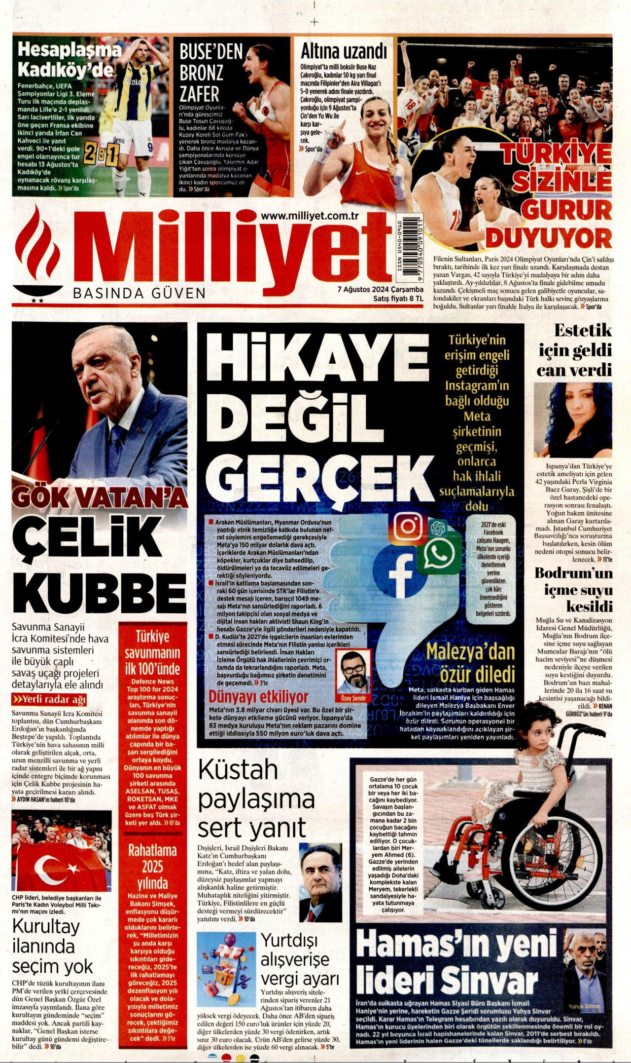 MİLLİYET gazetesinin 7 Ağustos 2024 tarihli birinci sayfası