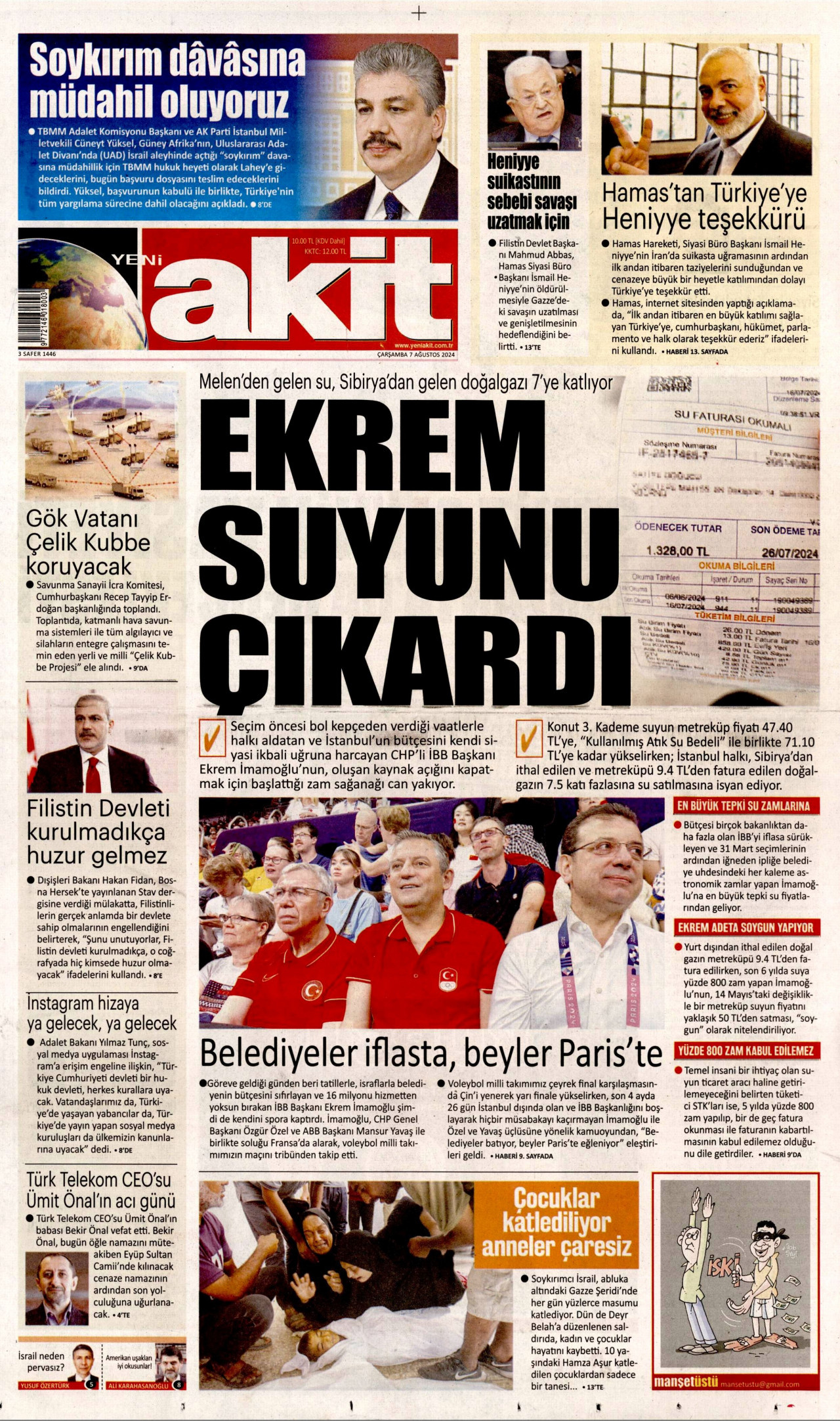 YENİ AKİT gazetesinin 7 Ağustos 2024 tarihli birinci sayfası
