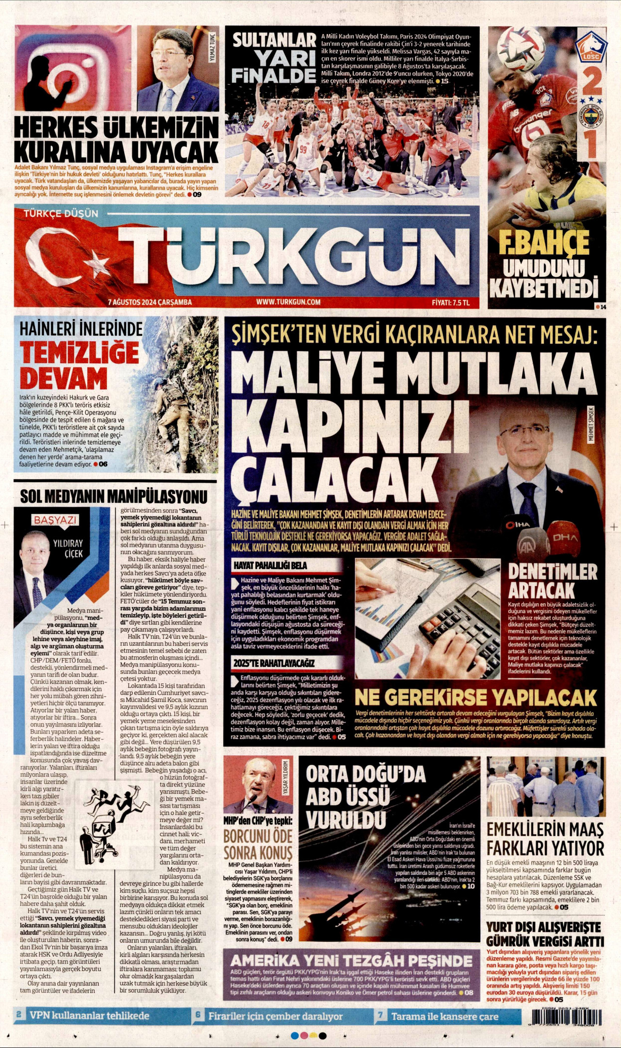 TÜRKGÜN gazetesinin 7 Ağustos 2024 tarihli birinci sayfası