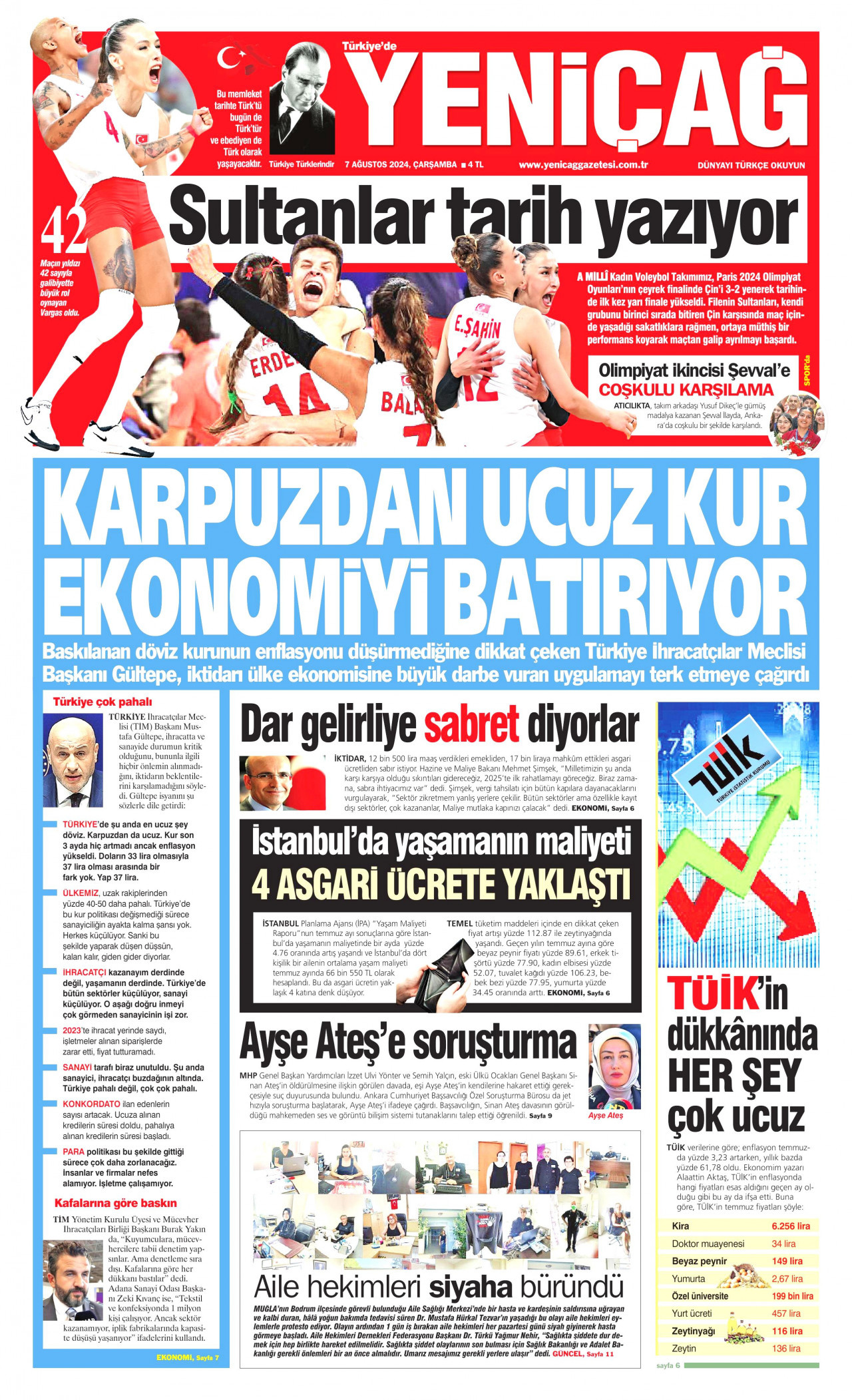 YENİÇAĞ gazetesinin 7 Ağustos 2024 tarihli birinci sayfası