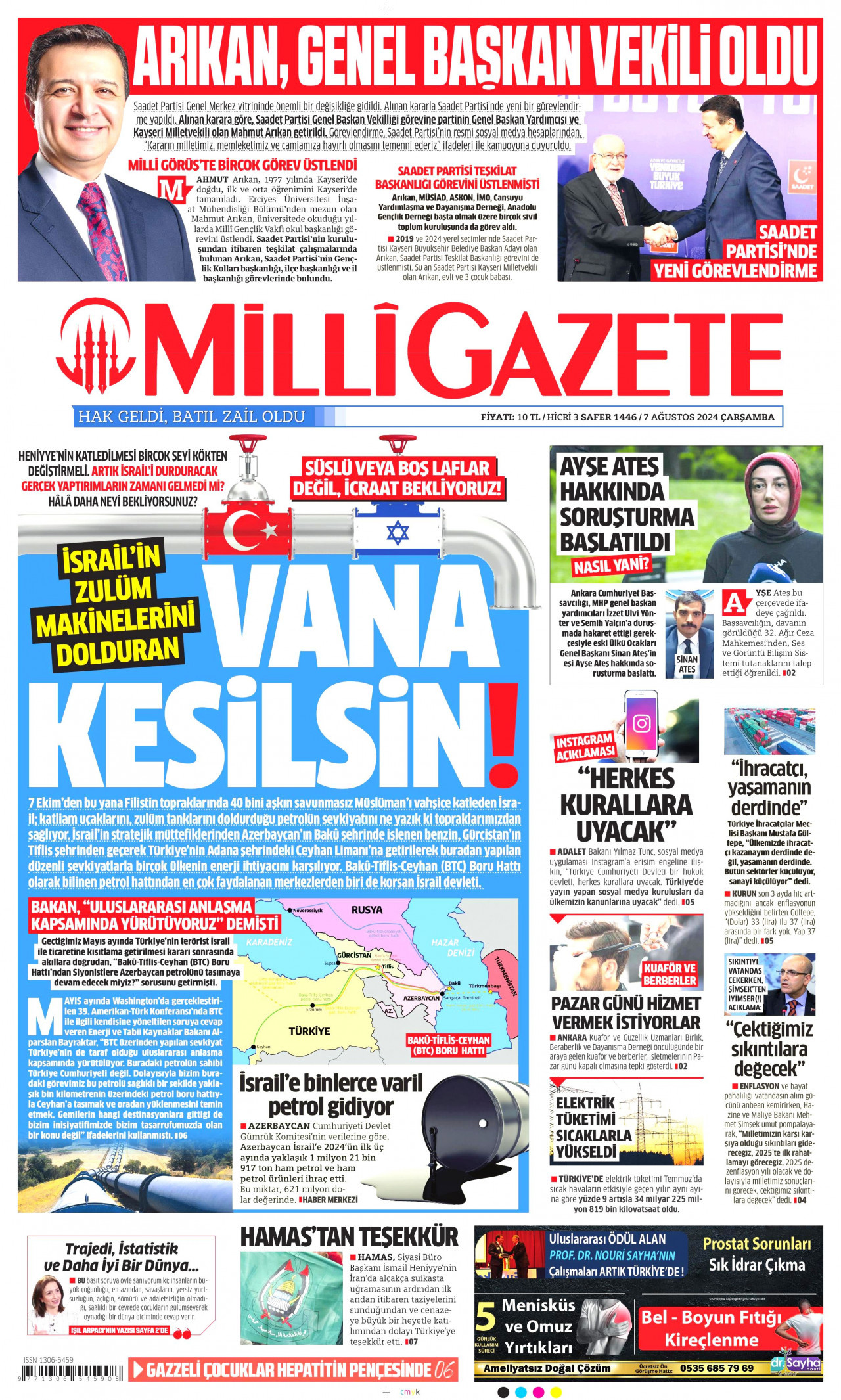 MİLLİ GAZETE gazetesinin 7 Ağustos 2024 tarihli birinci sayfası